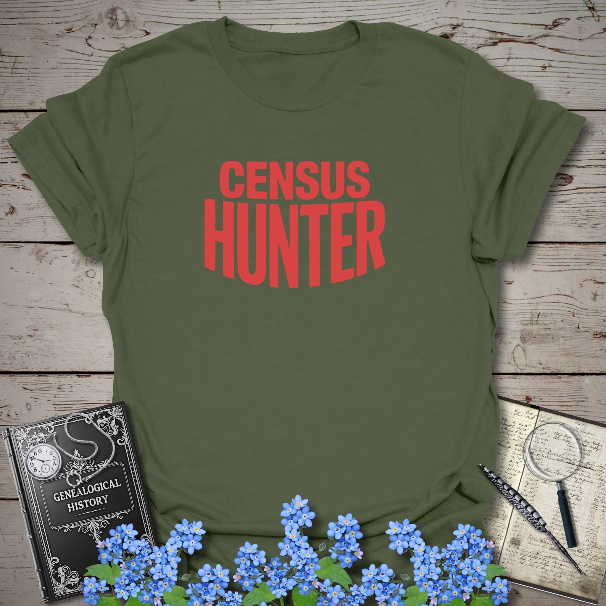Census Hunter T-Shirt in Military Green by Genealogy Keepsakes