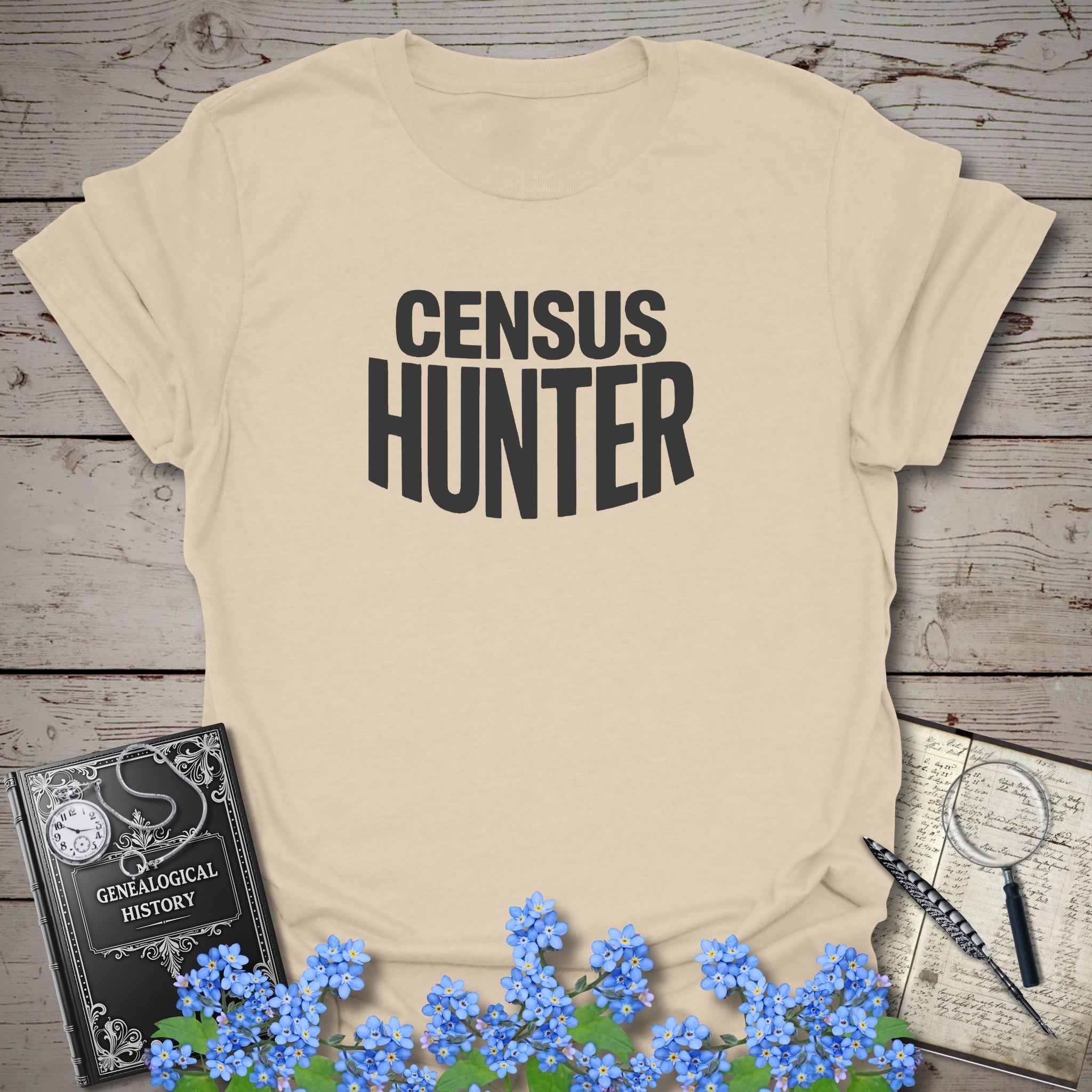 Census Hunter T-Shirt in Sand by Genealogy Keepsakes
