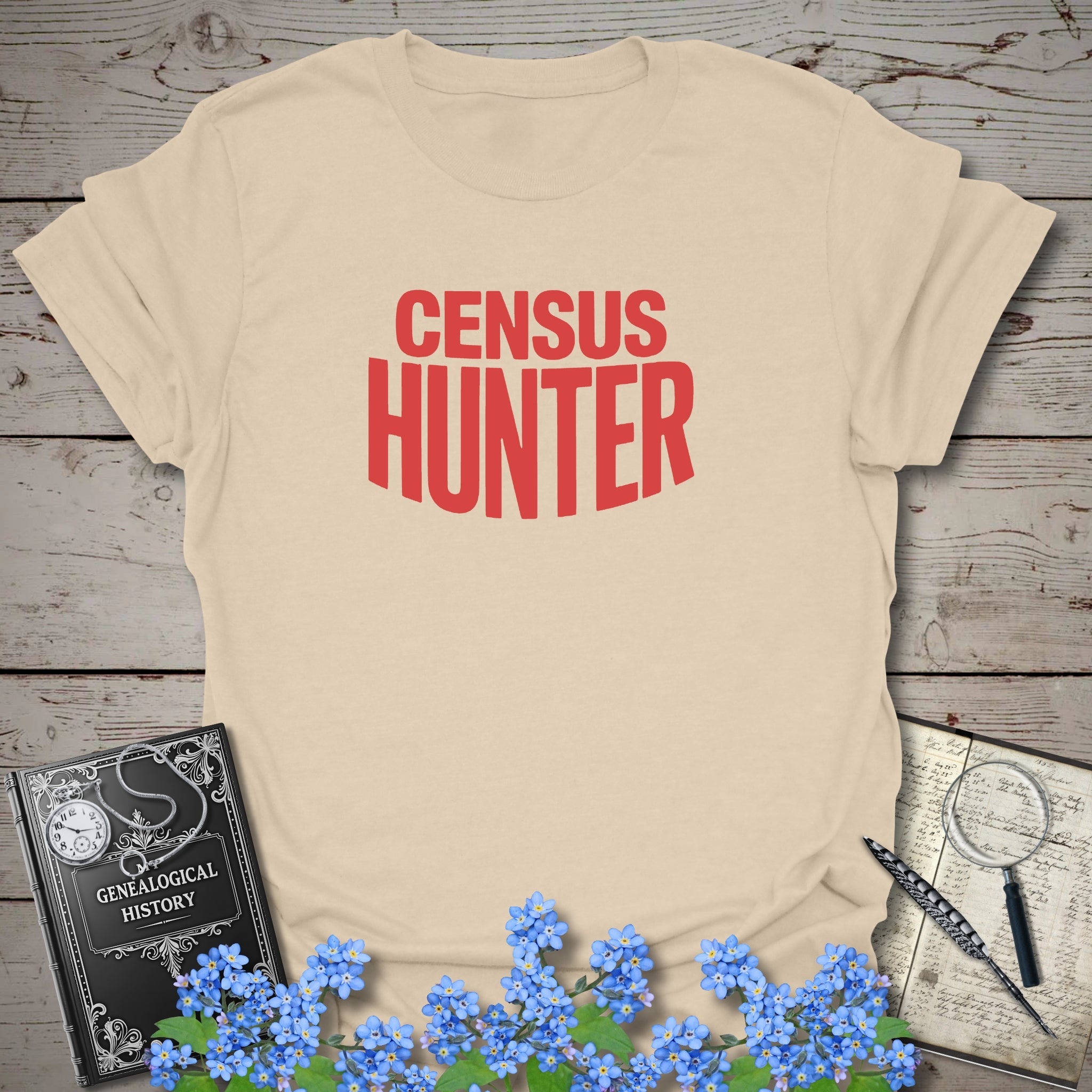 Census Hunter T-Shirt in Sand by Genealogy Keepsakes