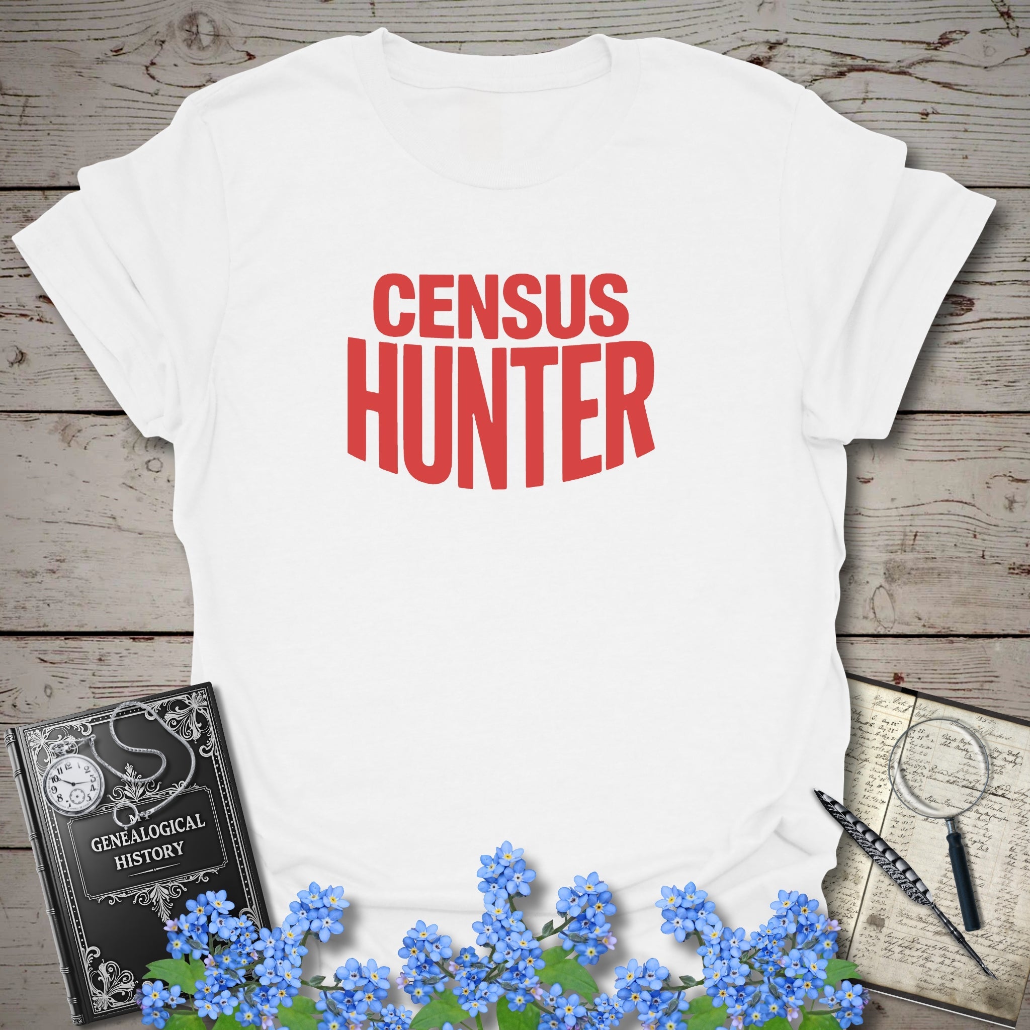 Census Hunter T-Shirt in White by Genealogy Keepsakes