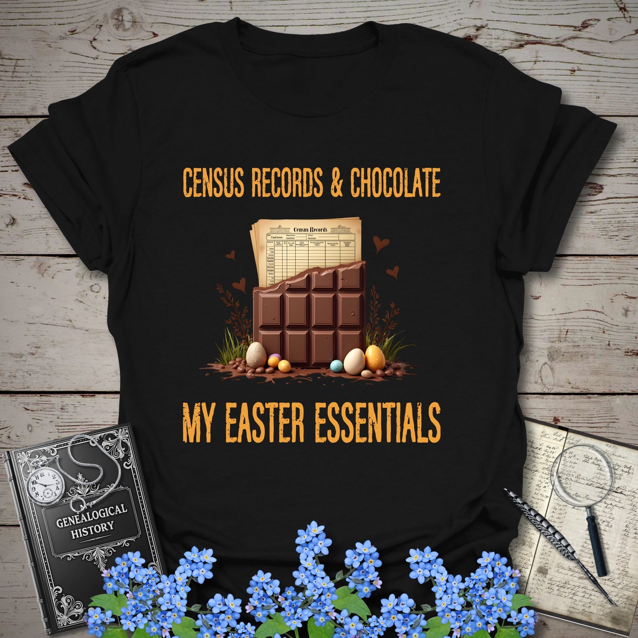 Census Records & Chocolate T-Shirt in Black by Genealogy Keepsakes