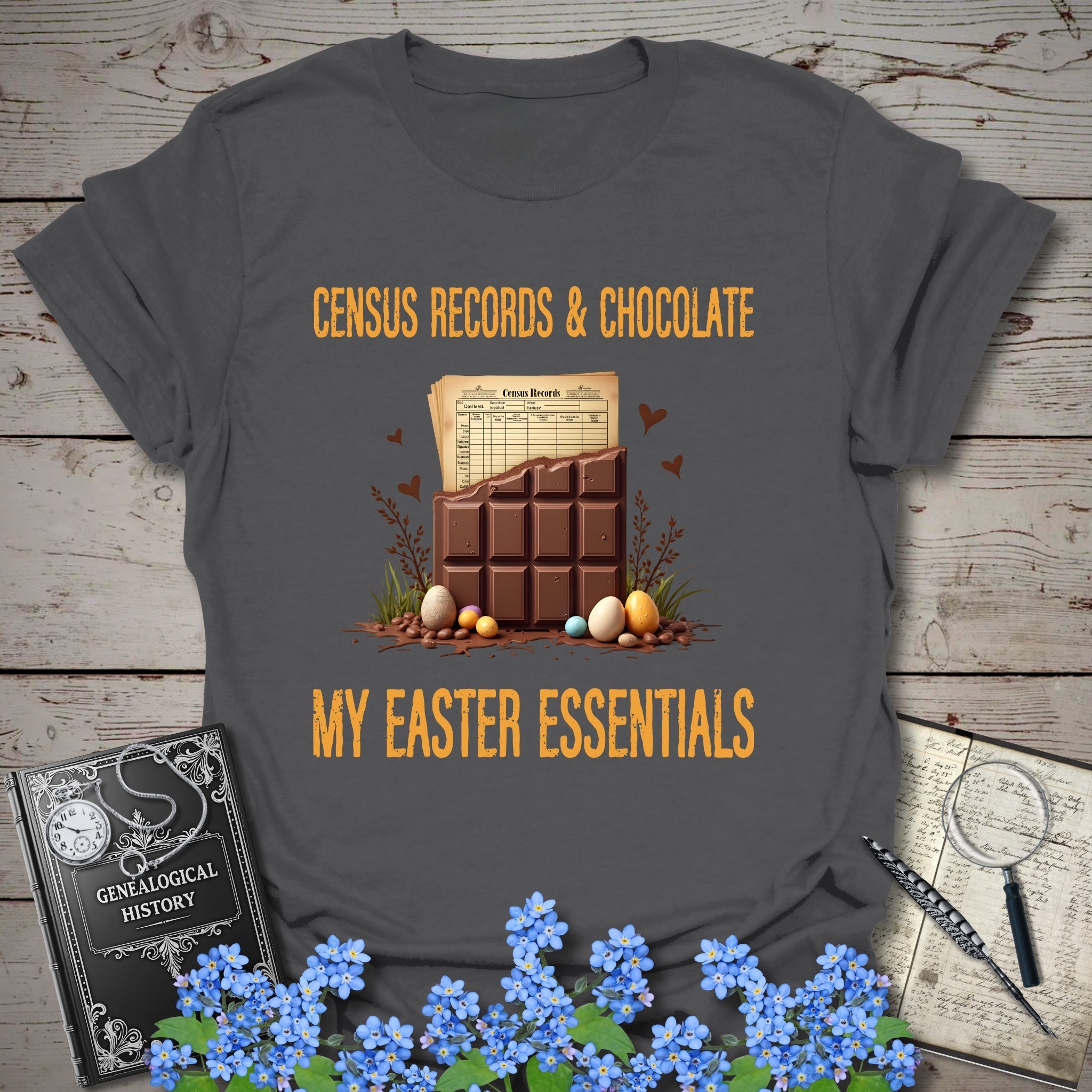 Census Records & Chocolate T-Shirt in Charcoal by Genealogy Keepsakes