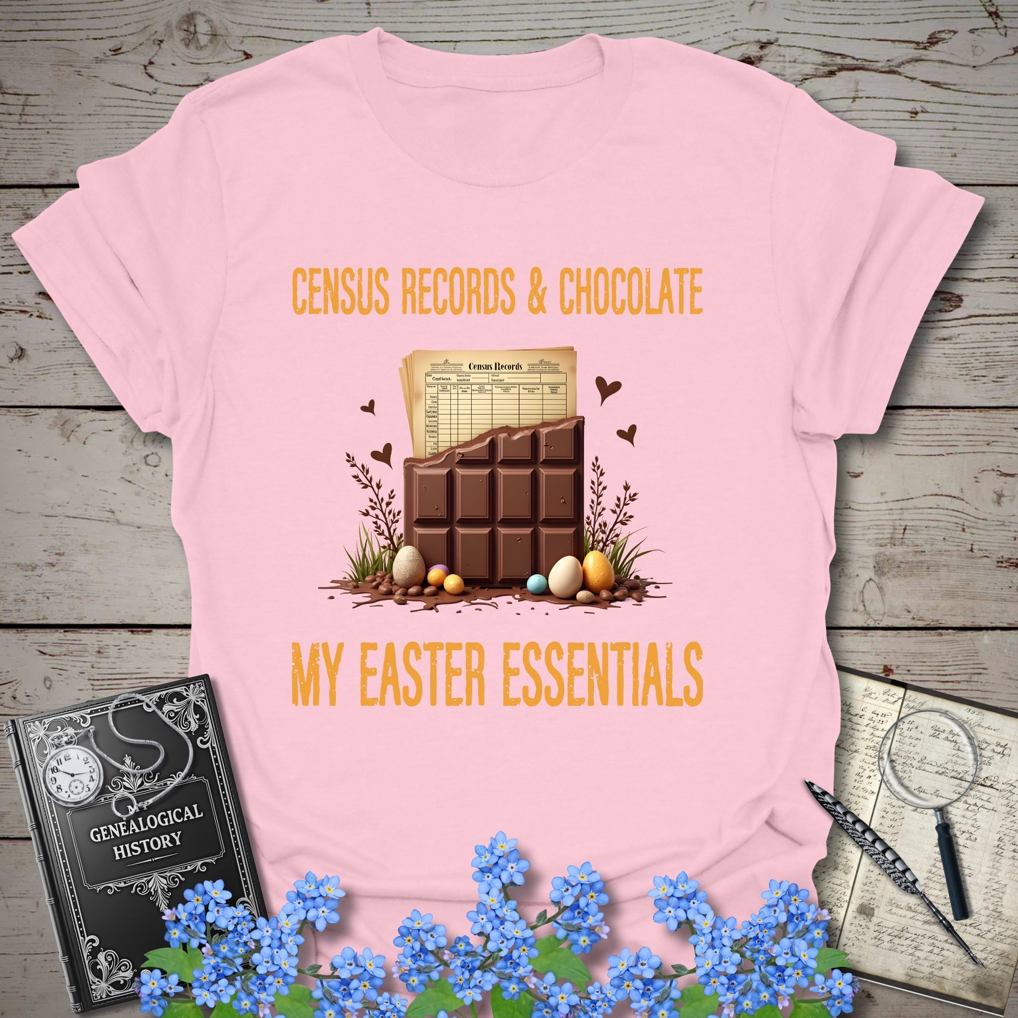 Census Records & Chocolate T-Shirt in Light Pink by Genealogy Keepsakes