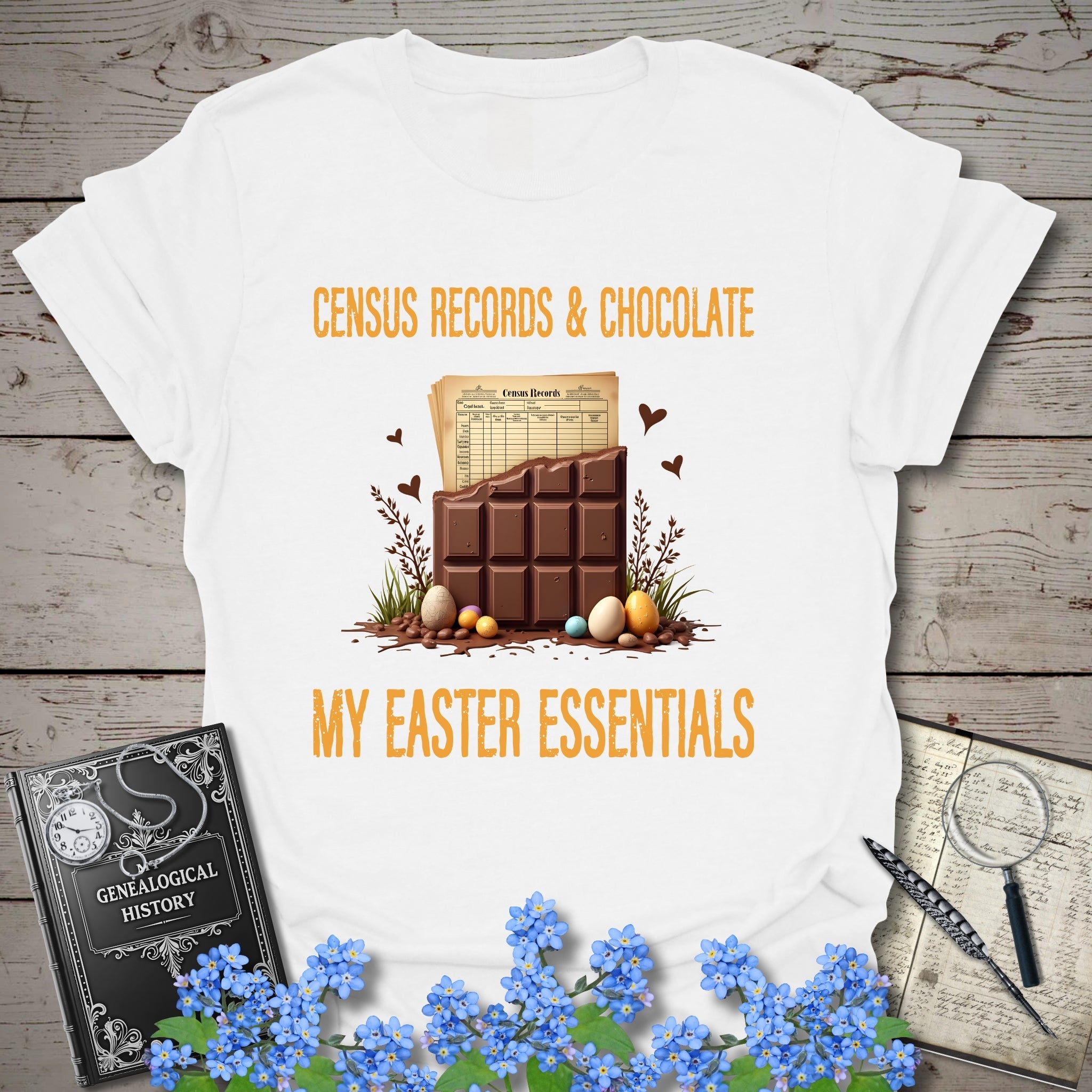 Census Records & Chocolate T-Shirt in White by Genealogy Keepsakes