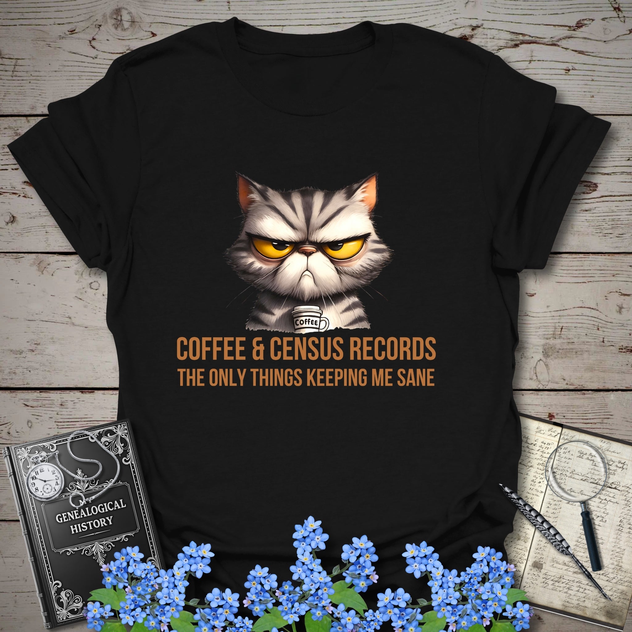 Coffee & Census Records T-Shirt in Black by Genealogy Keepsakes