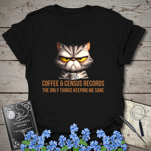 Coffee & Census Records T-Shirt in Black by Genealogy Keepsakes