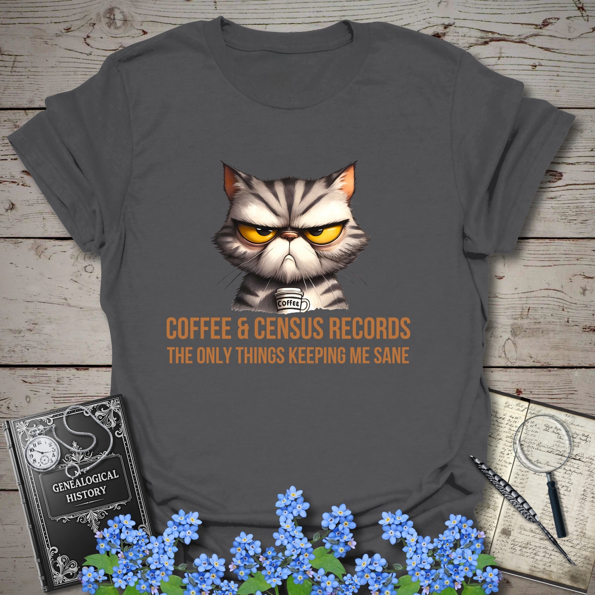 Coffee & Census Records T-Shirt in Charcoal by Genealogy Keepsakes