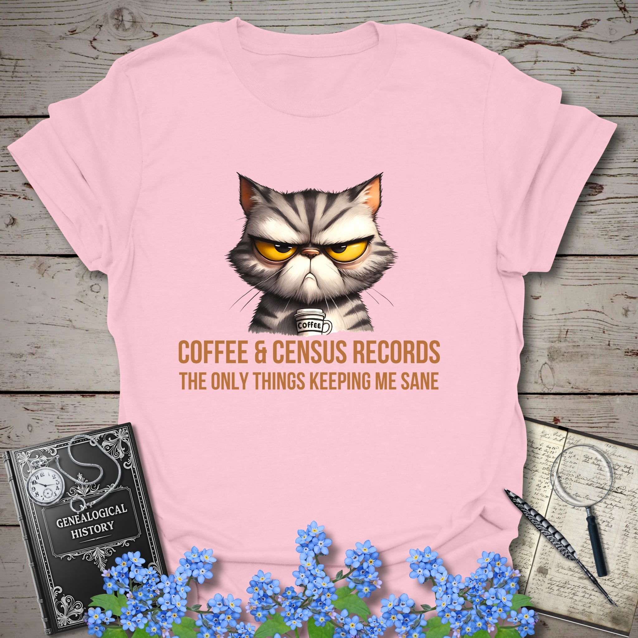 Coffee & Census Records T-Shirt in Light Pink by Genealogy Keepsakes