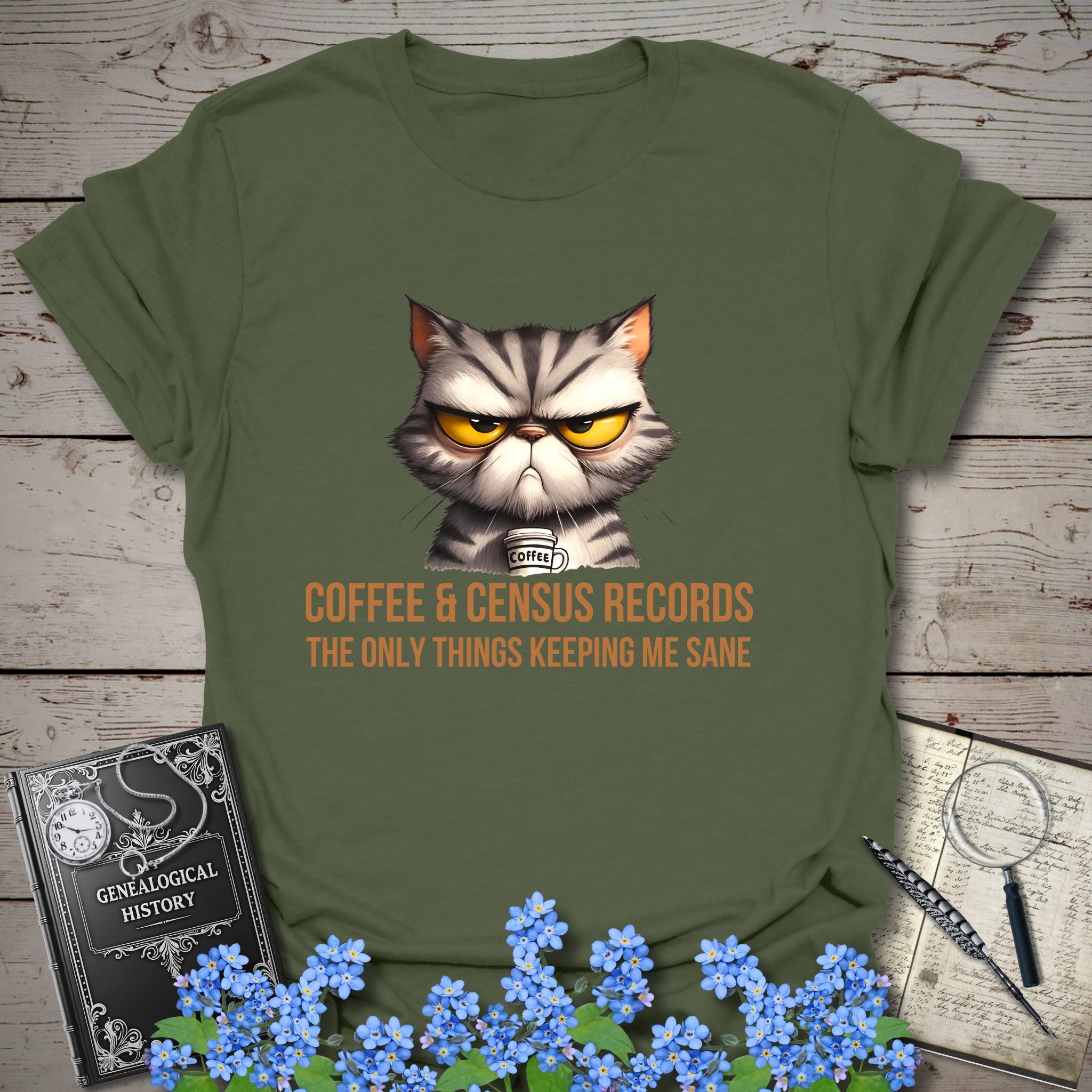 Coffee & Census Records T-Shirt in Military Green by Genealogy Keepsakes