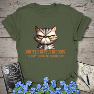Coffee & Census Records T-Shirt in Military Green by Genealogy Keepsakes
