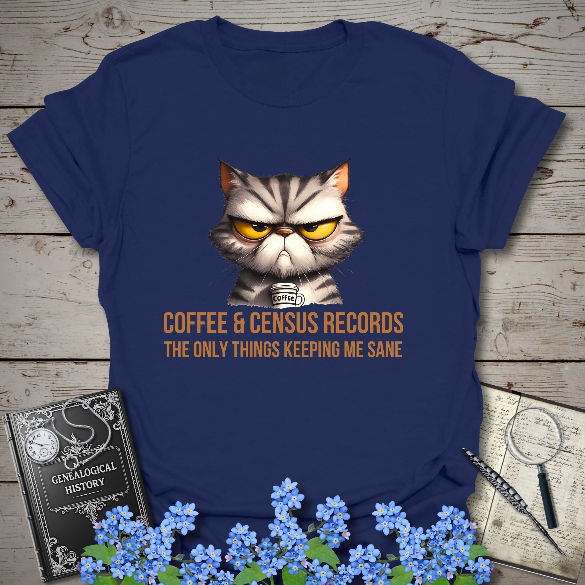 Coffee & Census Records T-Shirt in Navy by Genealogy Keepsakes