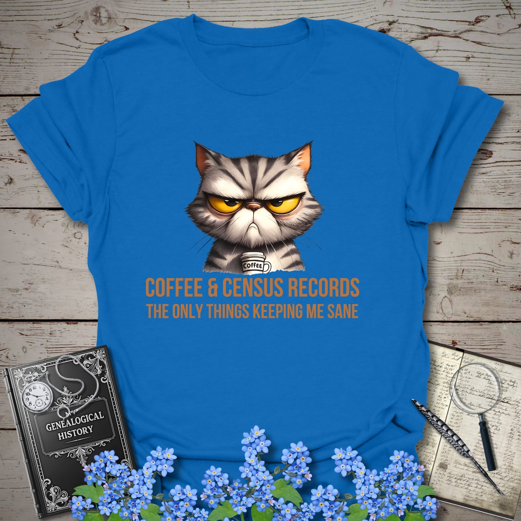 Coffee & Census Records T-Shirt in Royal by Genealogy Keepsakes