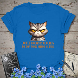Coffee & Census Records T-Shirt in Royal by Genealogy Keepsakes