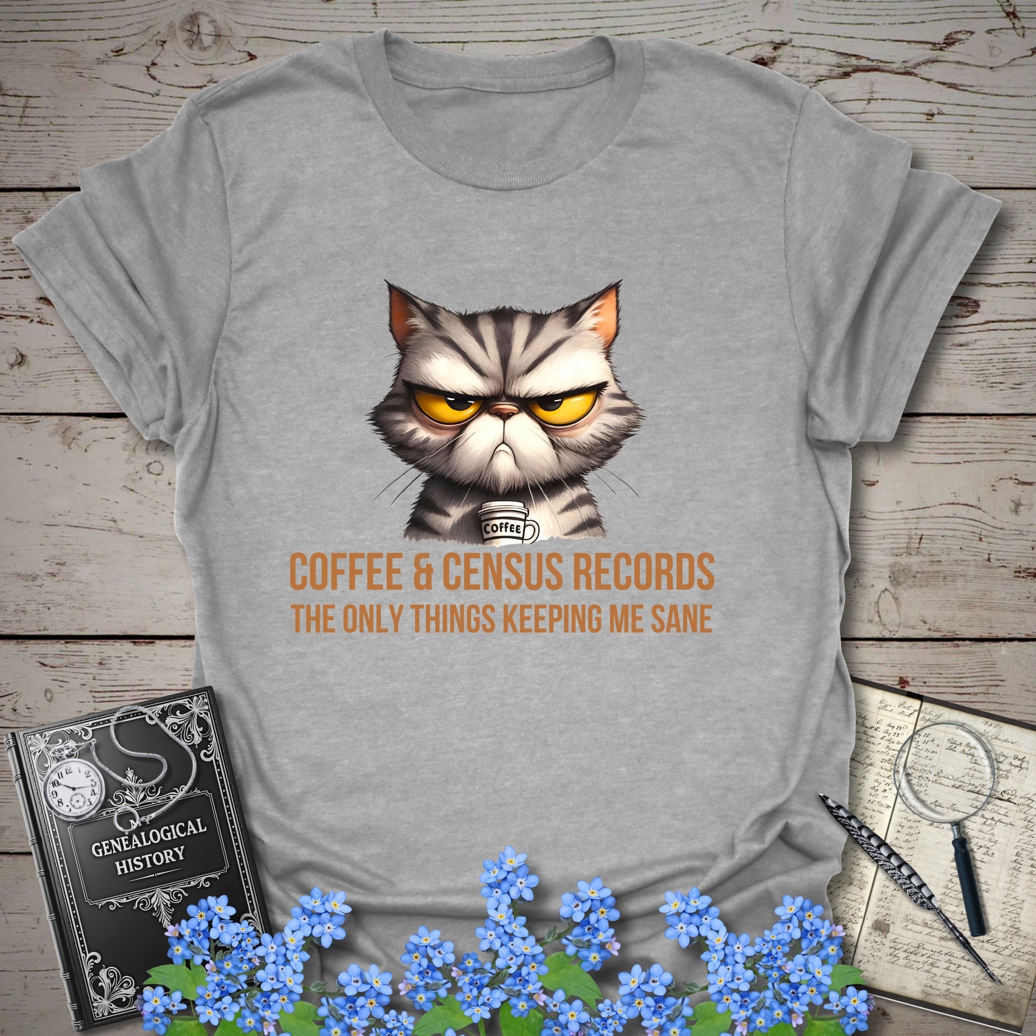 Coffee & Census Records T-Shirt in Sport Grey by Genealogy Keepsakes