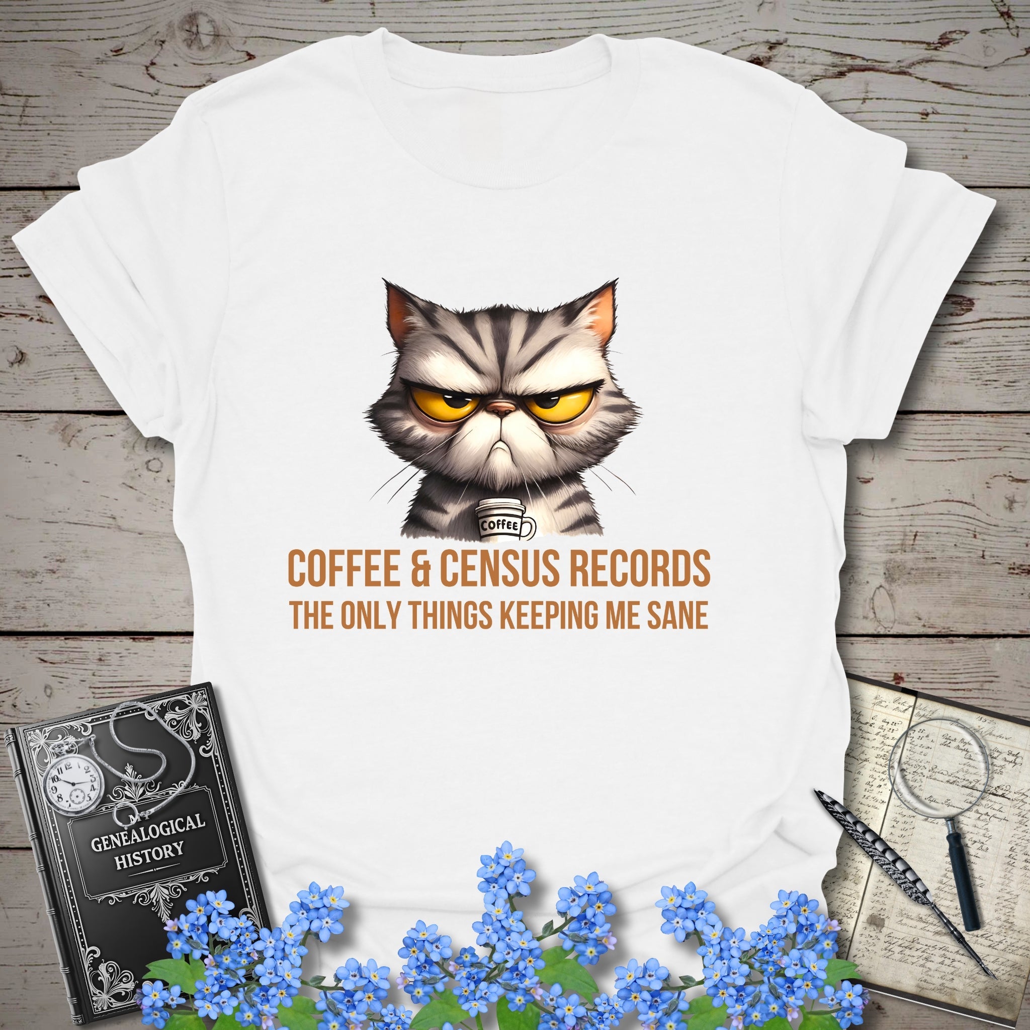 Coffee & Census Records T-Shirt in White by Genealogy Keepsakes