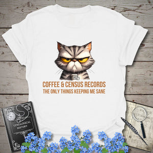 Coffee & Census Records T-Shirt in White by Genealogy Keepsakes