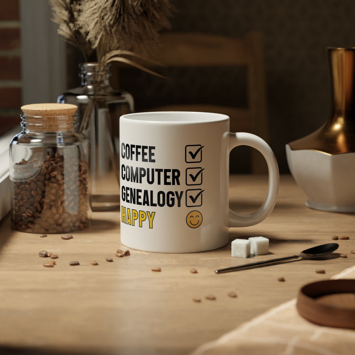 Coffee, Computer, Genealogy, Happy Mug (20oz) - Genealogy Keepsakes Custom Genealogy Gift - White 20oz