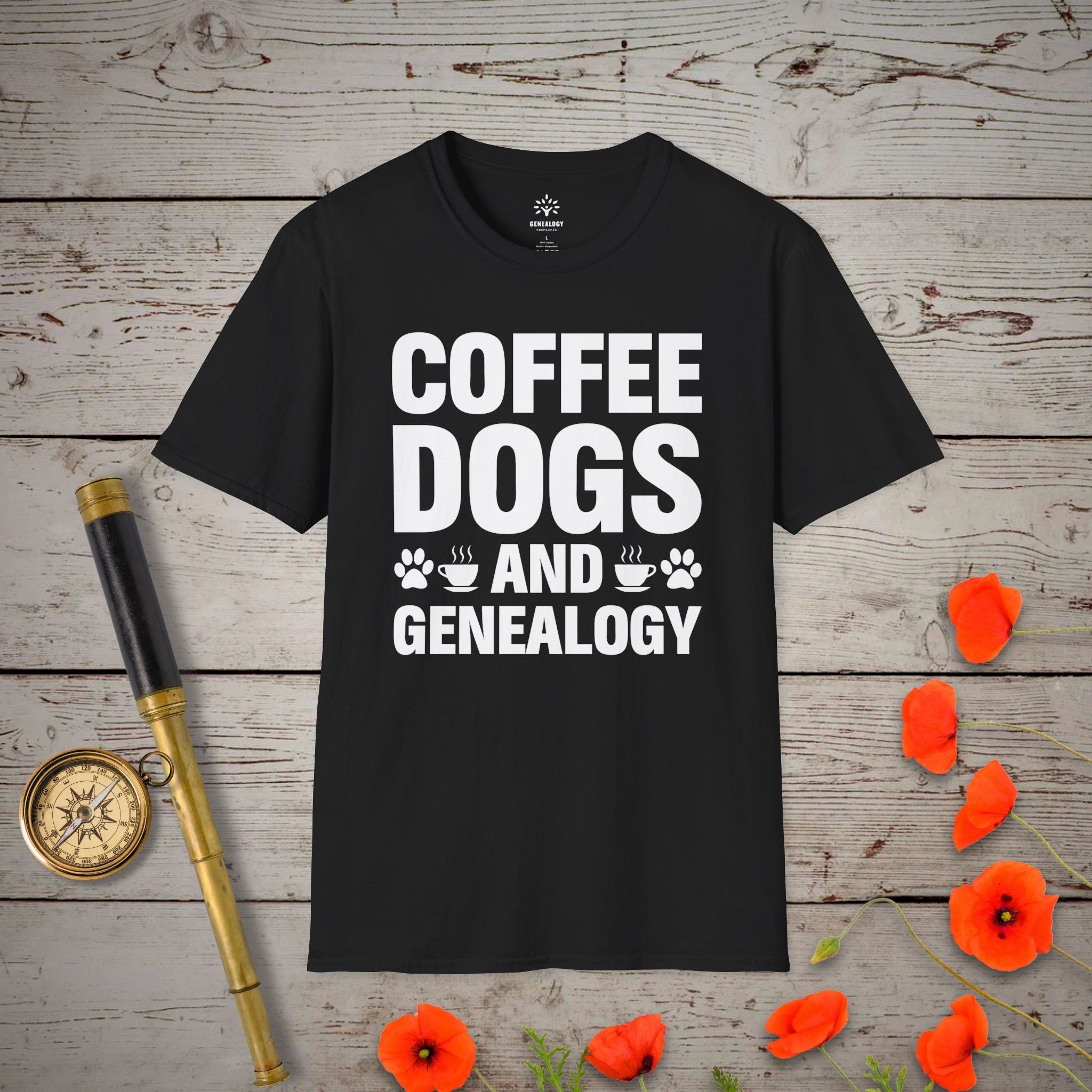 Coffee, Dogs and Genealogy T-Shirt in Black by Genealogy Keepsakes
