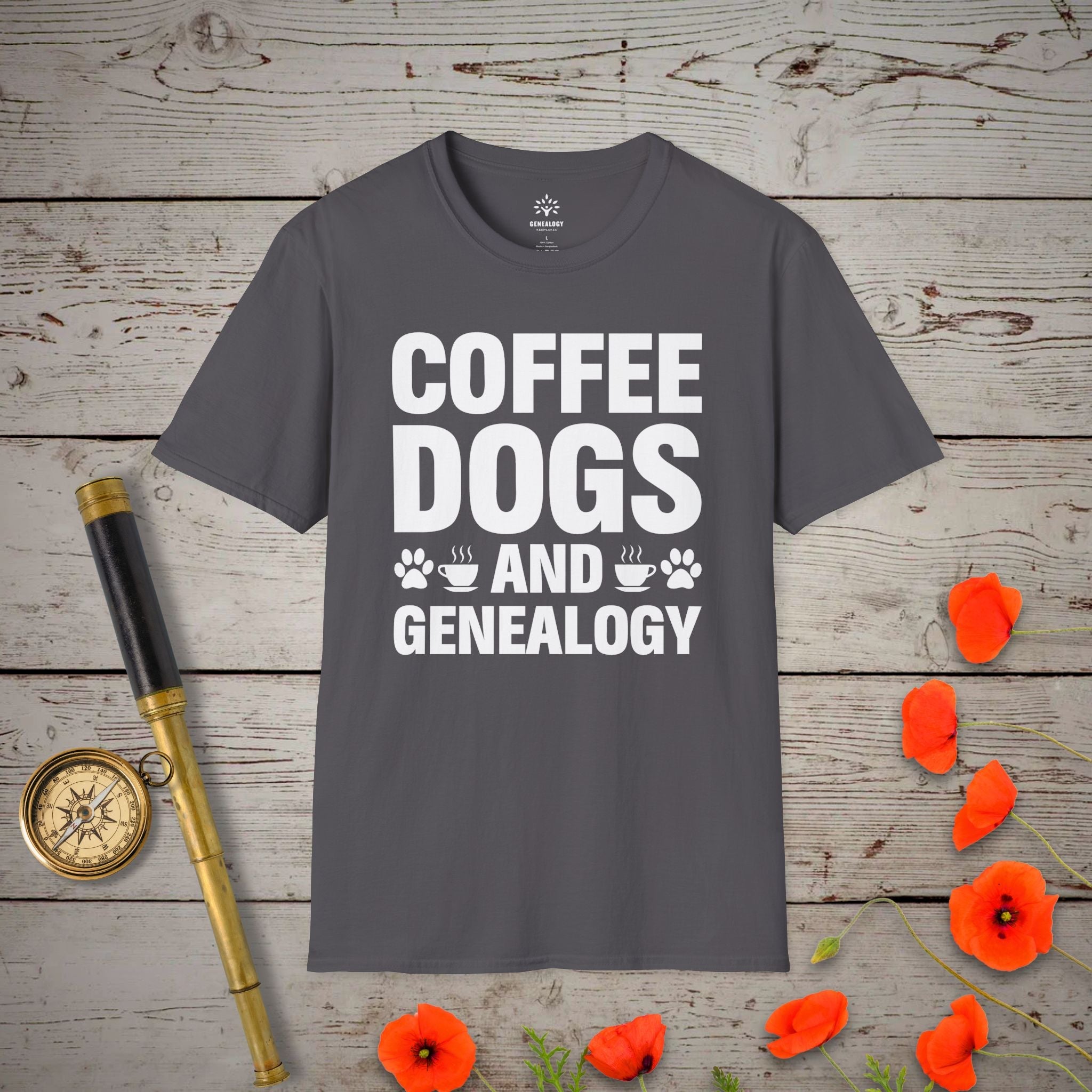 Coffee, Dogs and Genealogy T-Shirt in Charcoal by Genealogy Keepsakes