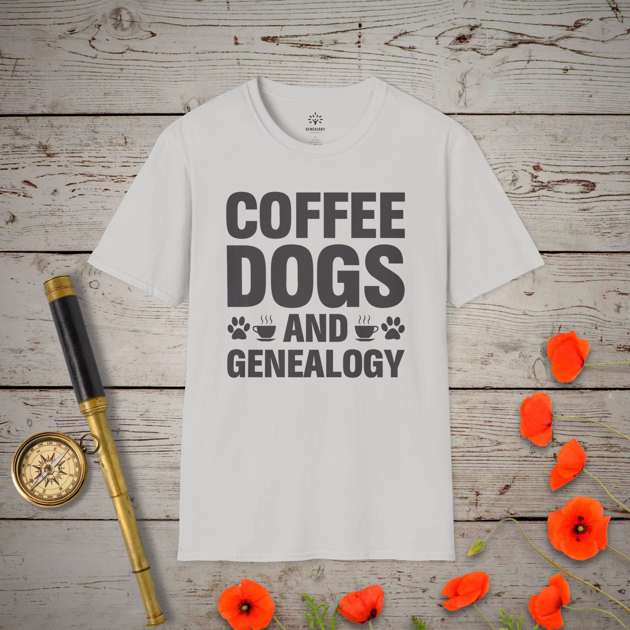 Coffee, Dogs and Genealogy T-Shirt in Ice Grey by Genealogy Keepsakes