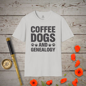 Coffee, Dogs and Genealogy T-Shirt in Ice Grey by Genealogy Keepsakes