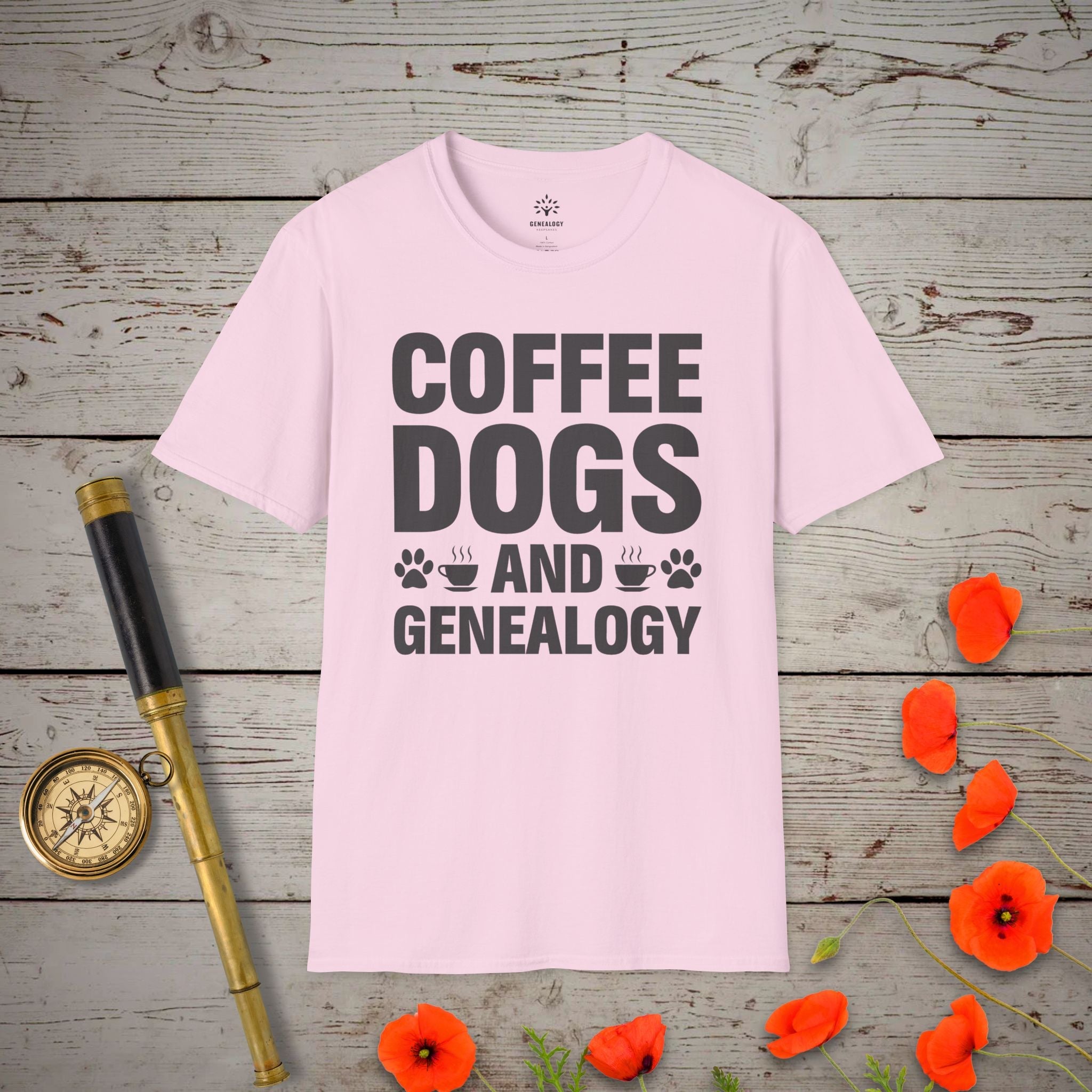 Coffee, Dogs and Genealogy T-Shirt in Light Pink by Genealogy Keepsakes