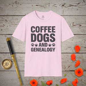Coffee, Dogs and Genealogy T-Shirt in Light Pink by Genealogy Keepsakes