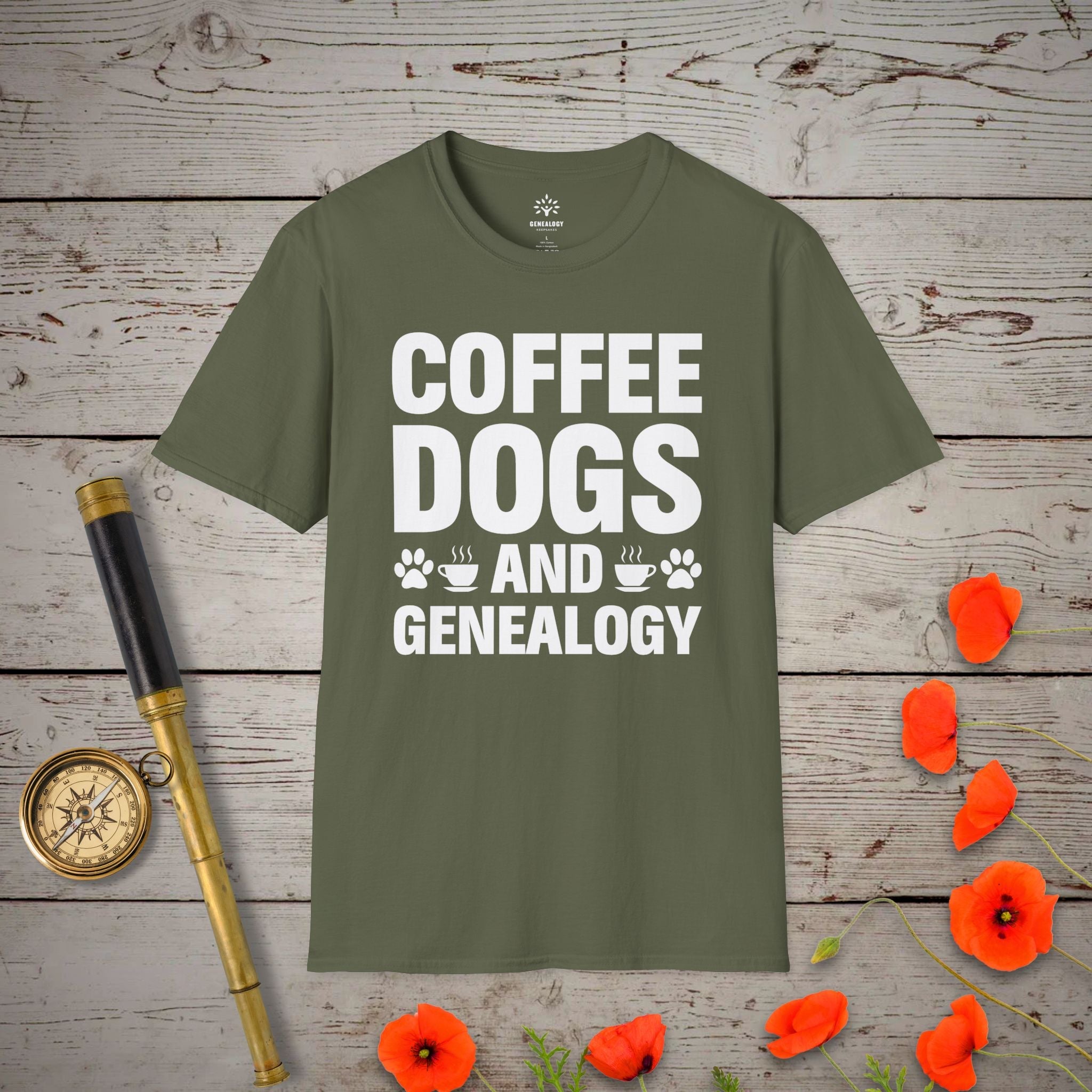 Coffee, Dogs and Genealogy T-Shirt in Military Green by Genealogy Keepsakes