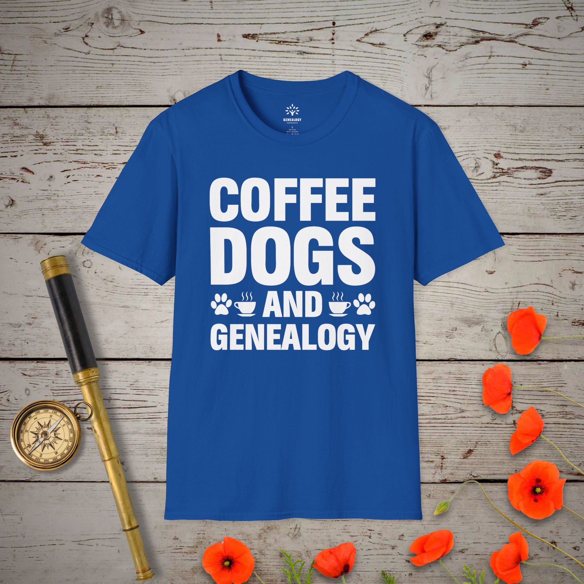 Coffee, Dogs and Genealogy T-Shirt in Royal by Genealogy Keepsakes