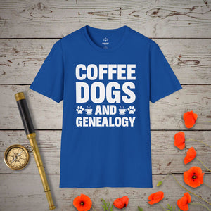 Coffee, Dogs and Genealogy T-Shirt in Royal by Genealogy Keepsakes