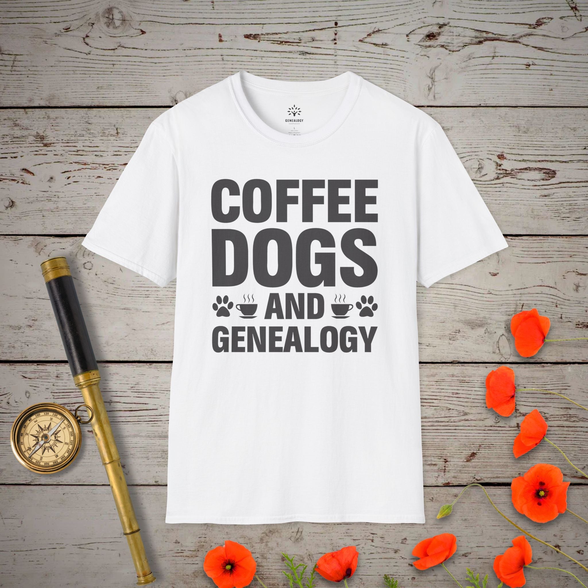 Coffee, Dogs and Genealogy T-Shirt in White by Genealogy Keepsakes
