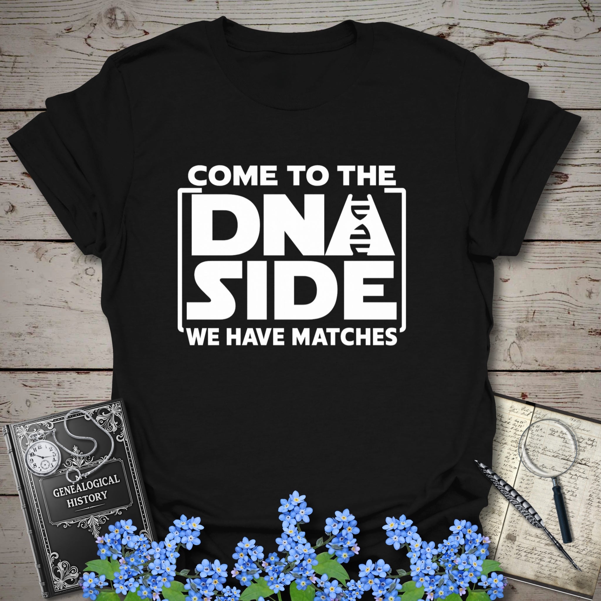 Come To The DNA Side T-Shirt in Black by Genealogy Keepsakes