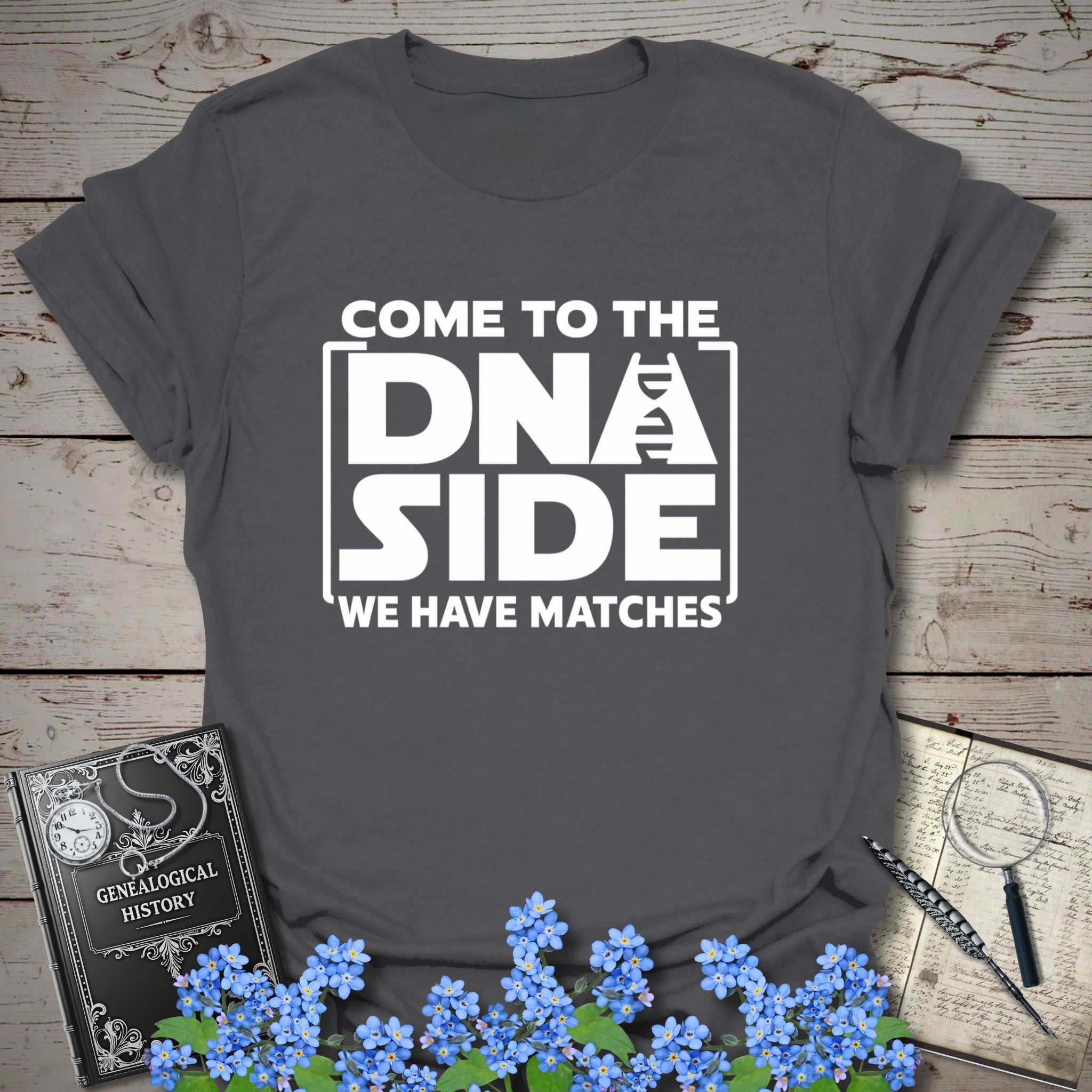 Come To The DNA Side T-Shirt in Charcoal by Genealogy Keepsakes