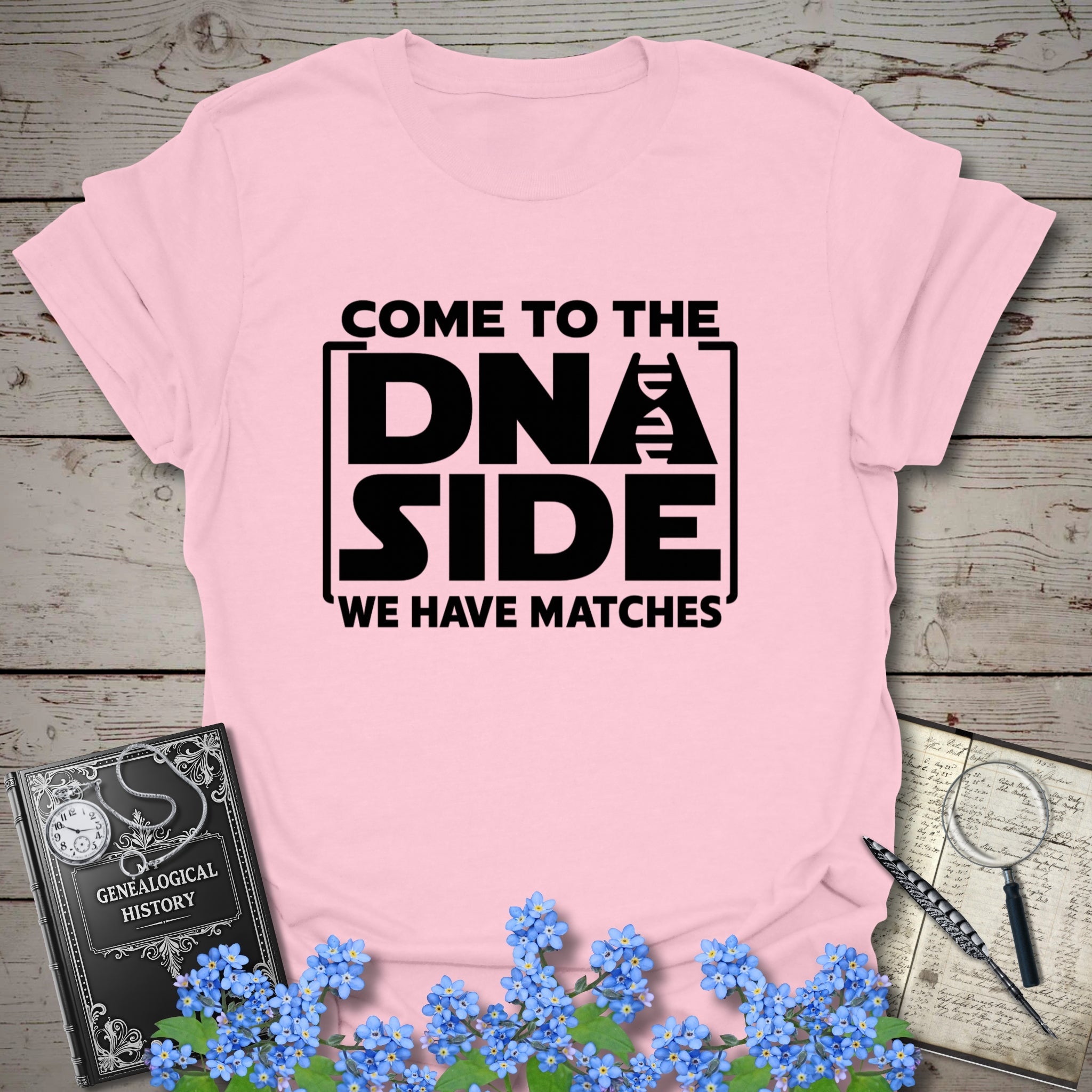 Come To The DNA Side T-Shirt in Light Pink by Genealogy Keepsakes
