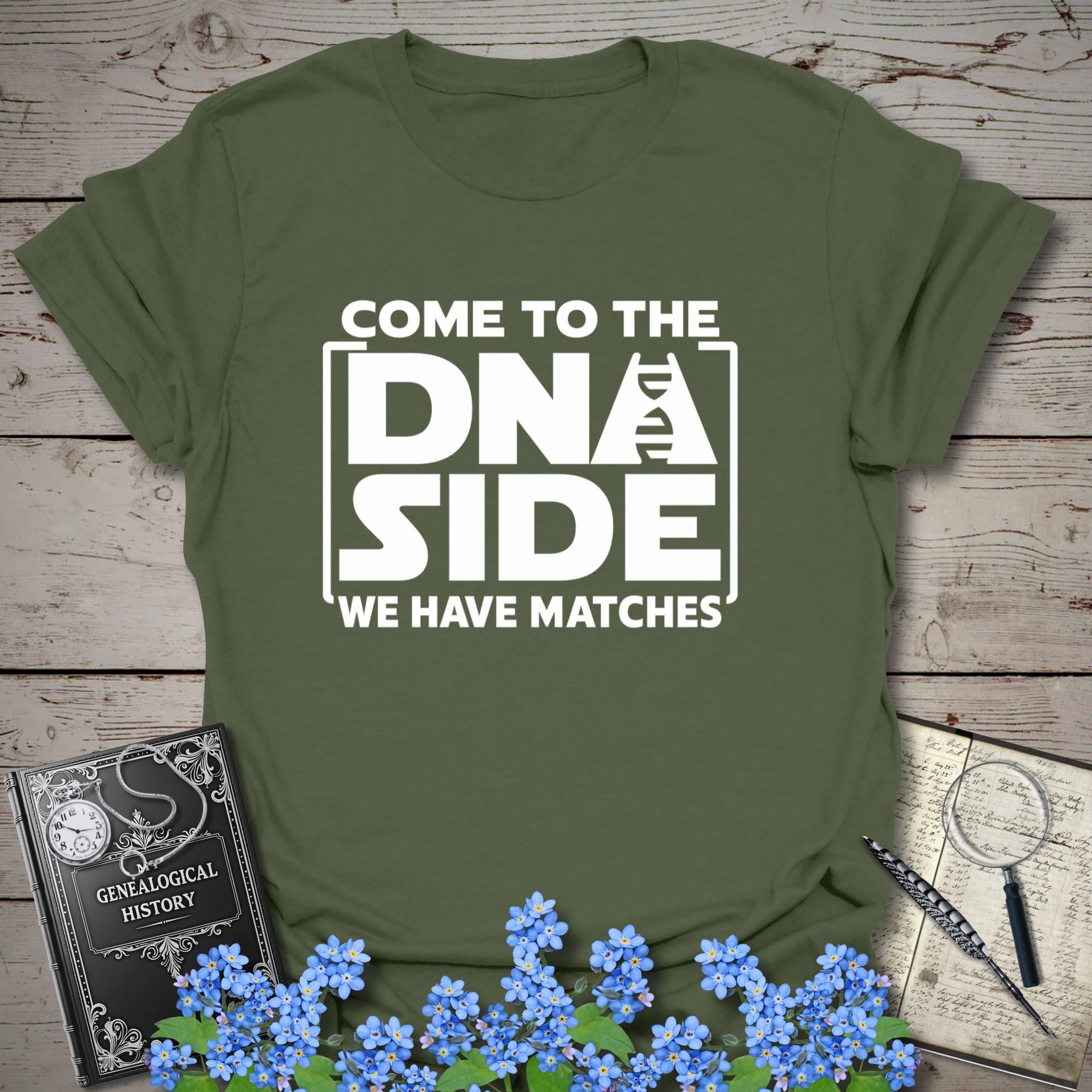 Come To The DNA Side T-Shirt in Military Green by Genealogy Keepsakes