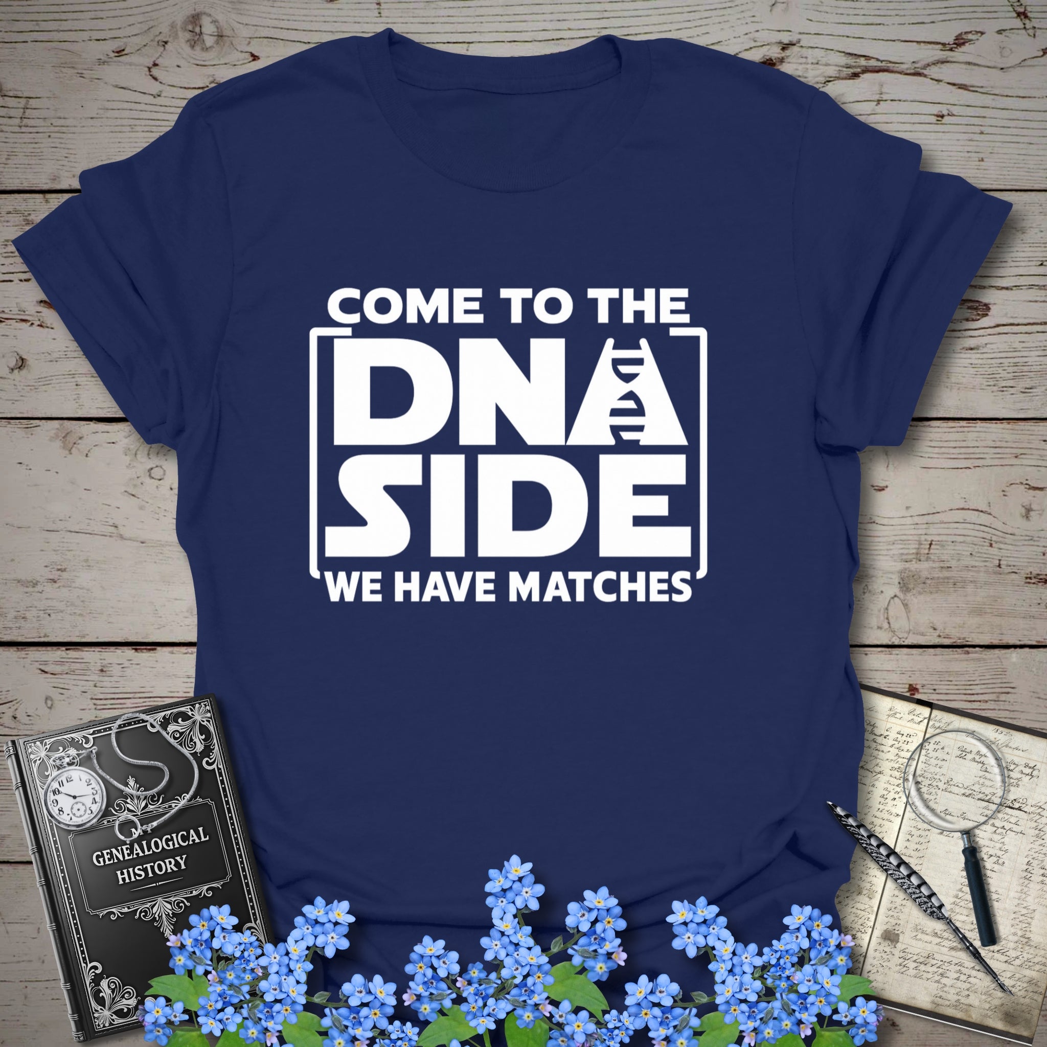 Come To The DNA Side T-Shirt in Navy by Genealogy Keepsakes