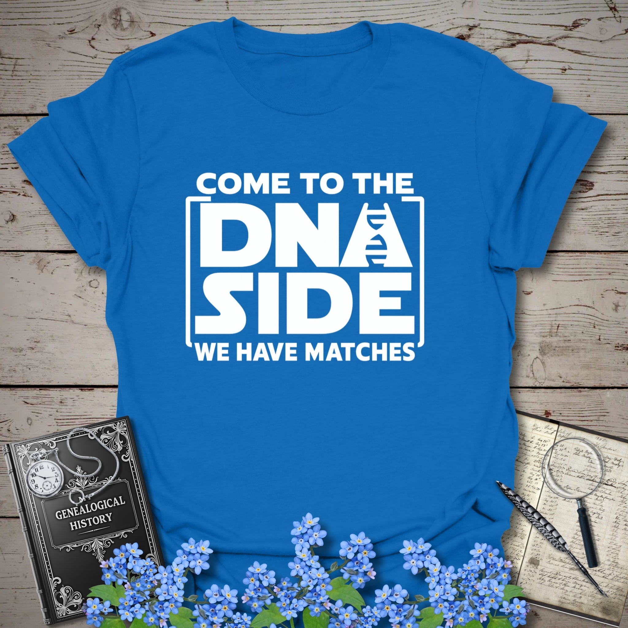 Come To The DNA Side T-Shirt in Royal by Genealogy Keepsakes