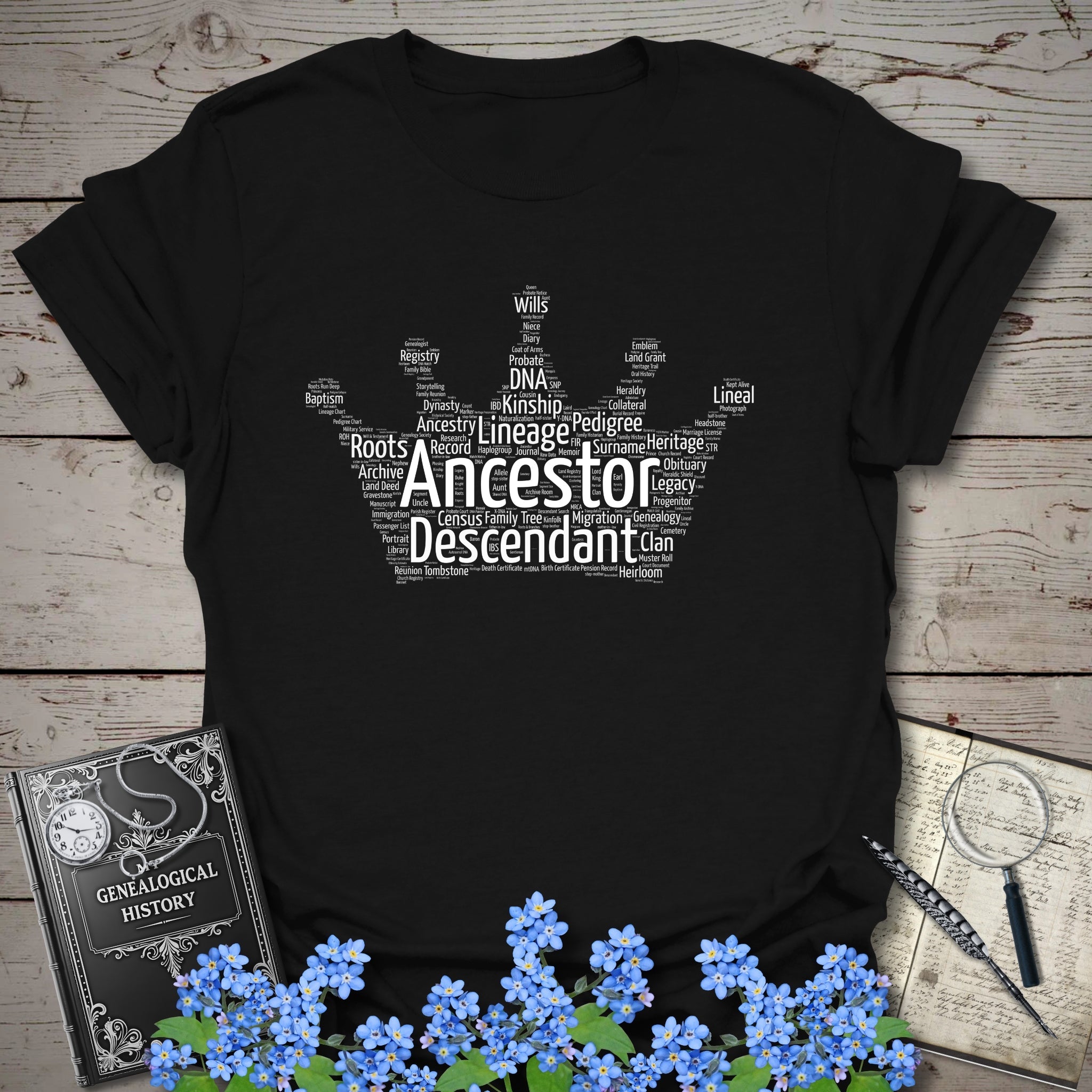 Crown Word Cloud T-Shirt in Black by Genealogy Keepsakes