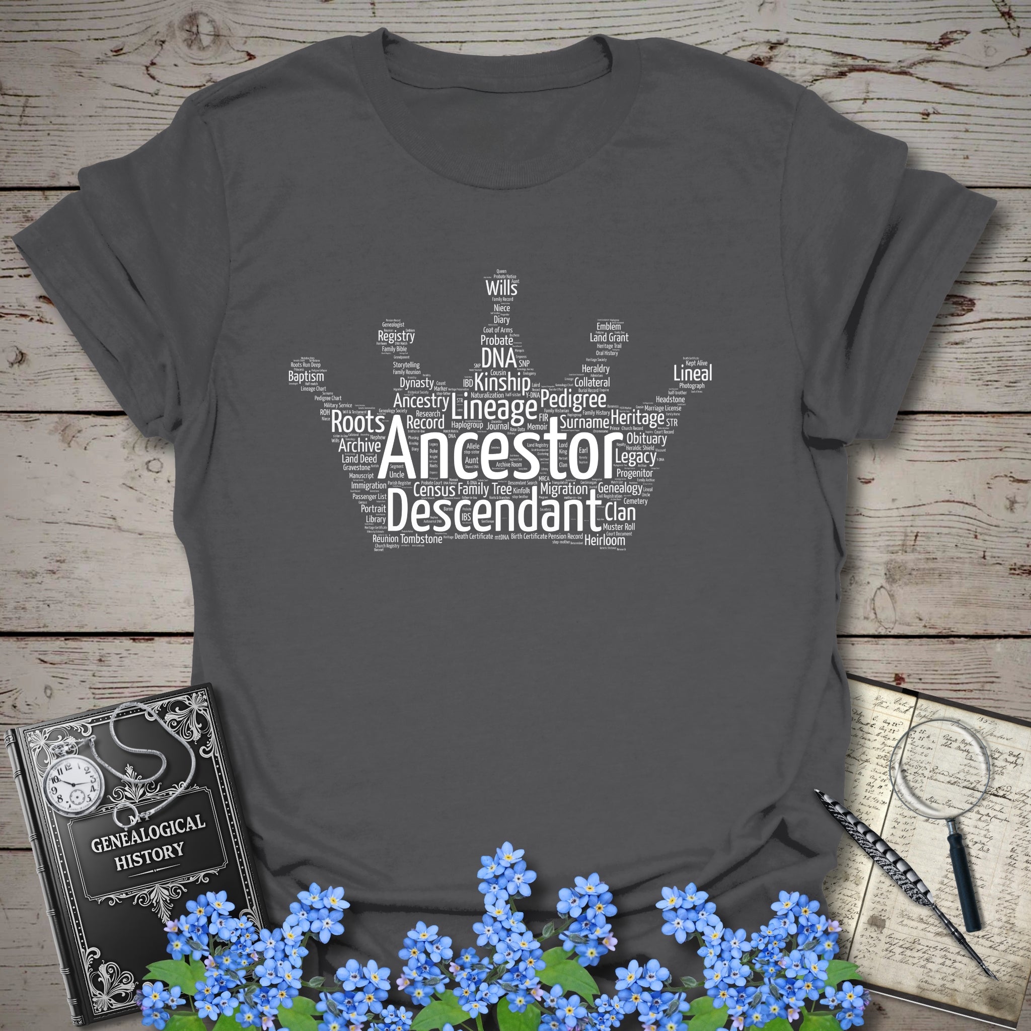 Crown Word Cloud T-Shirt in Charcoal by Genealogy Keepsakes