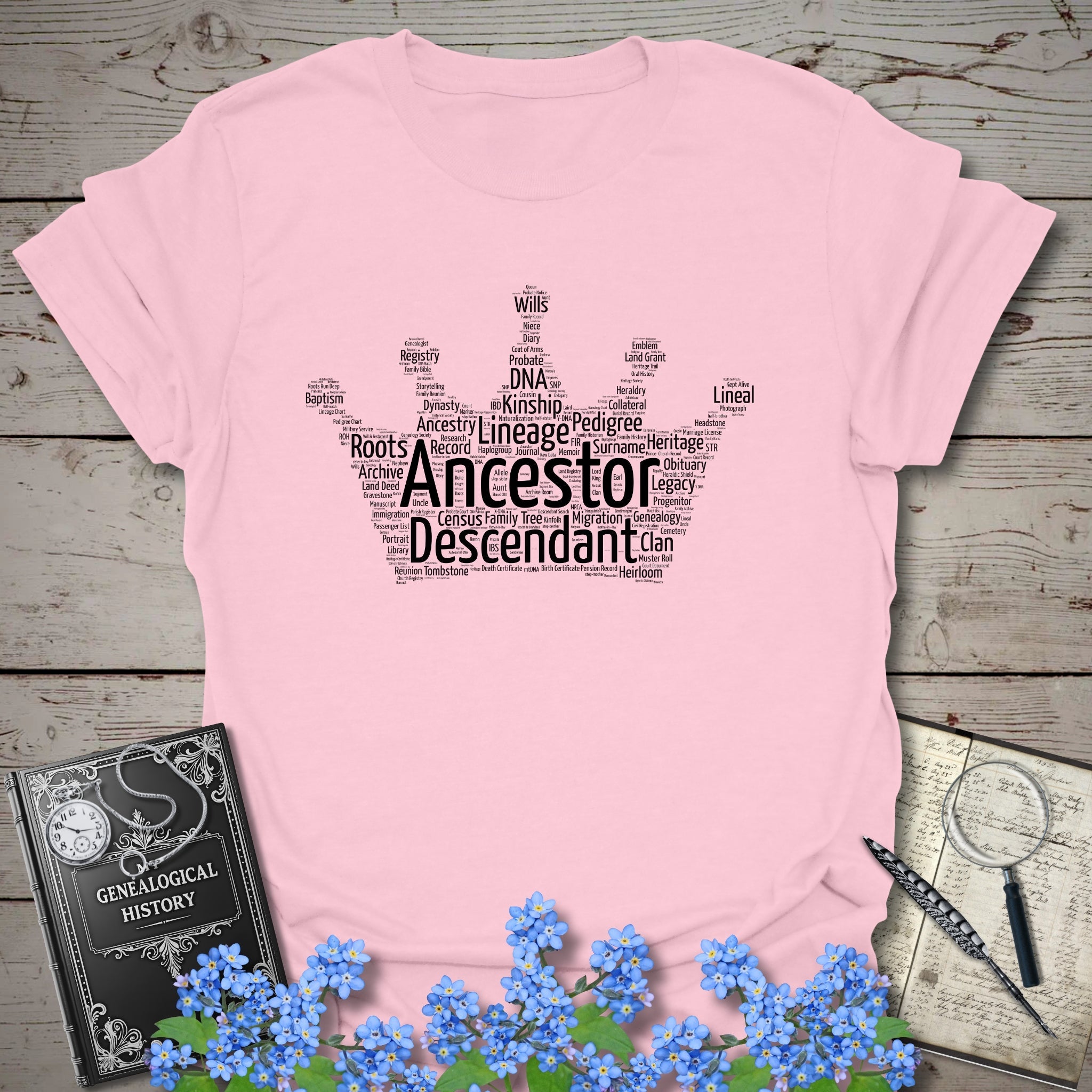 Crown Word Cloud T-Shirt in Light Pink by Genealogy Keepsakes