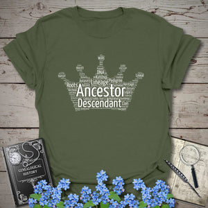 Crown Word Cloud T-Shirt in Military Green by Genealogy Keepsakes