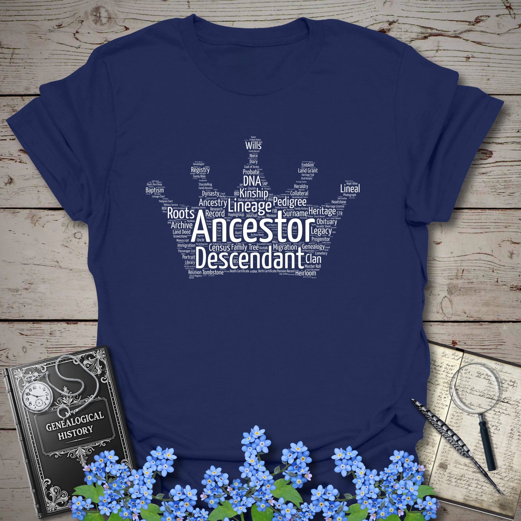 Crown Word Cloud T-Shirt in Navy by Genealogy Keepsakes