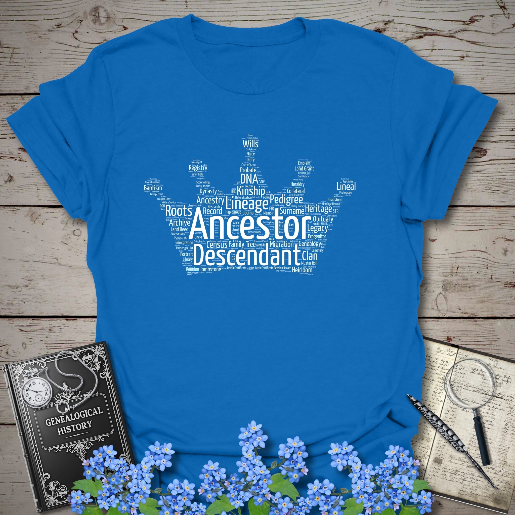 Crown Word Cloud T-Shirt in Royal by Genealogy Keepsakes
