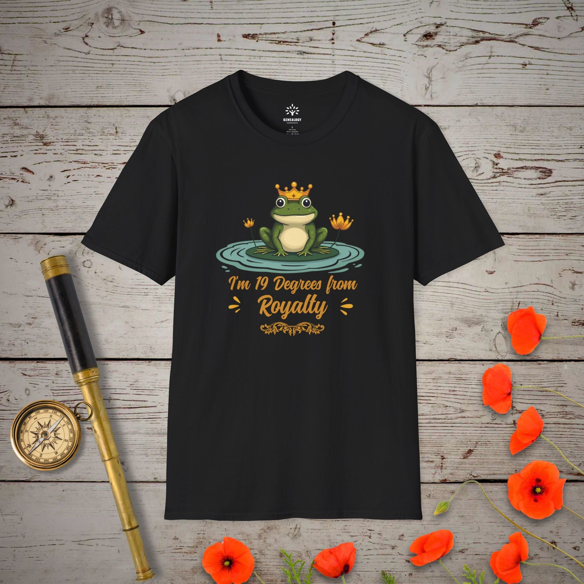 Degrees From Royalty T-Shirt in Black by Genealogy Keepsakes