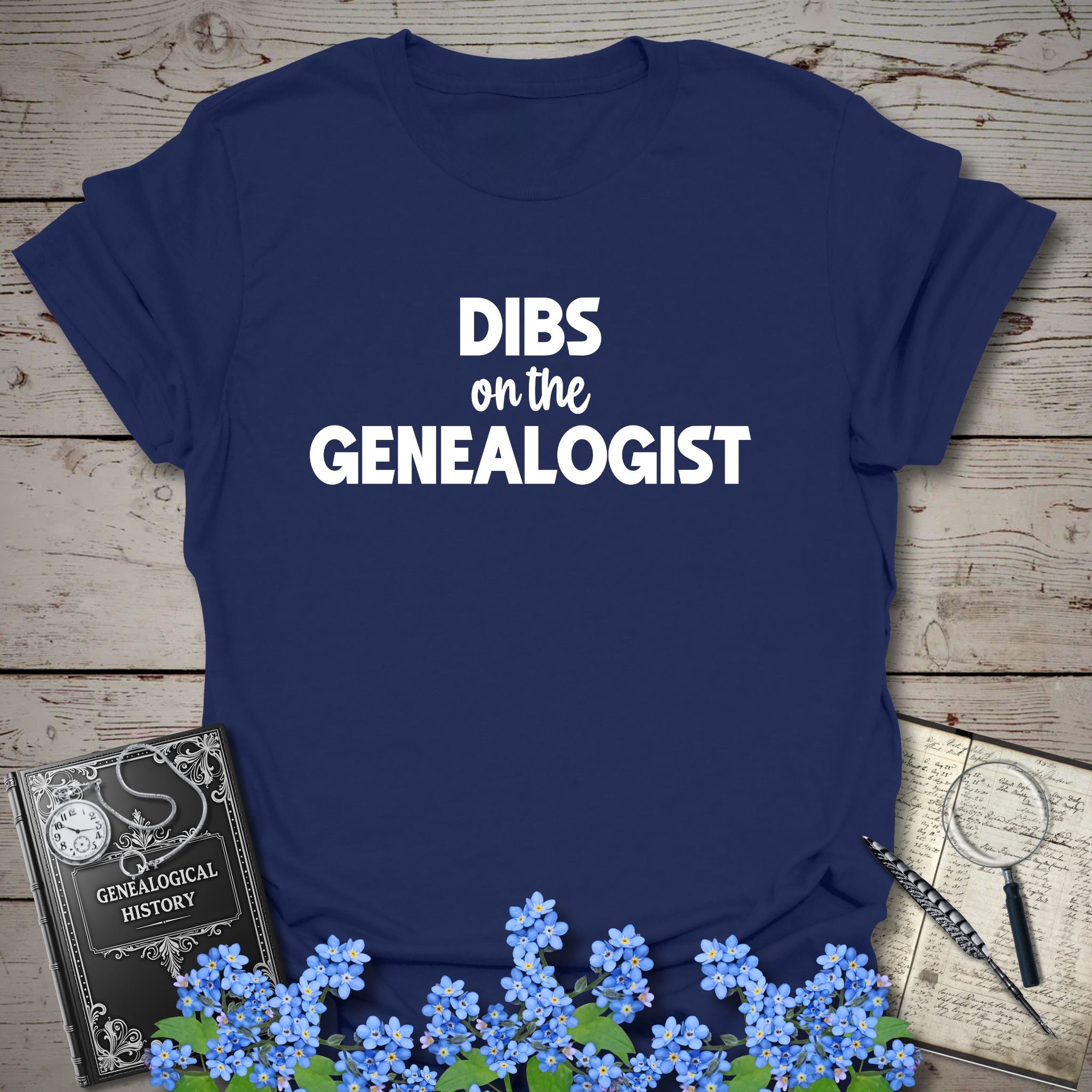 Dibs On The Genealogist T-Shirt in Navy by Genealogy Keepsakes