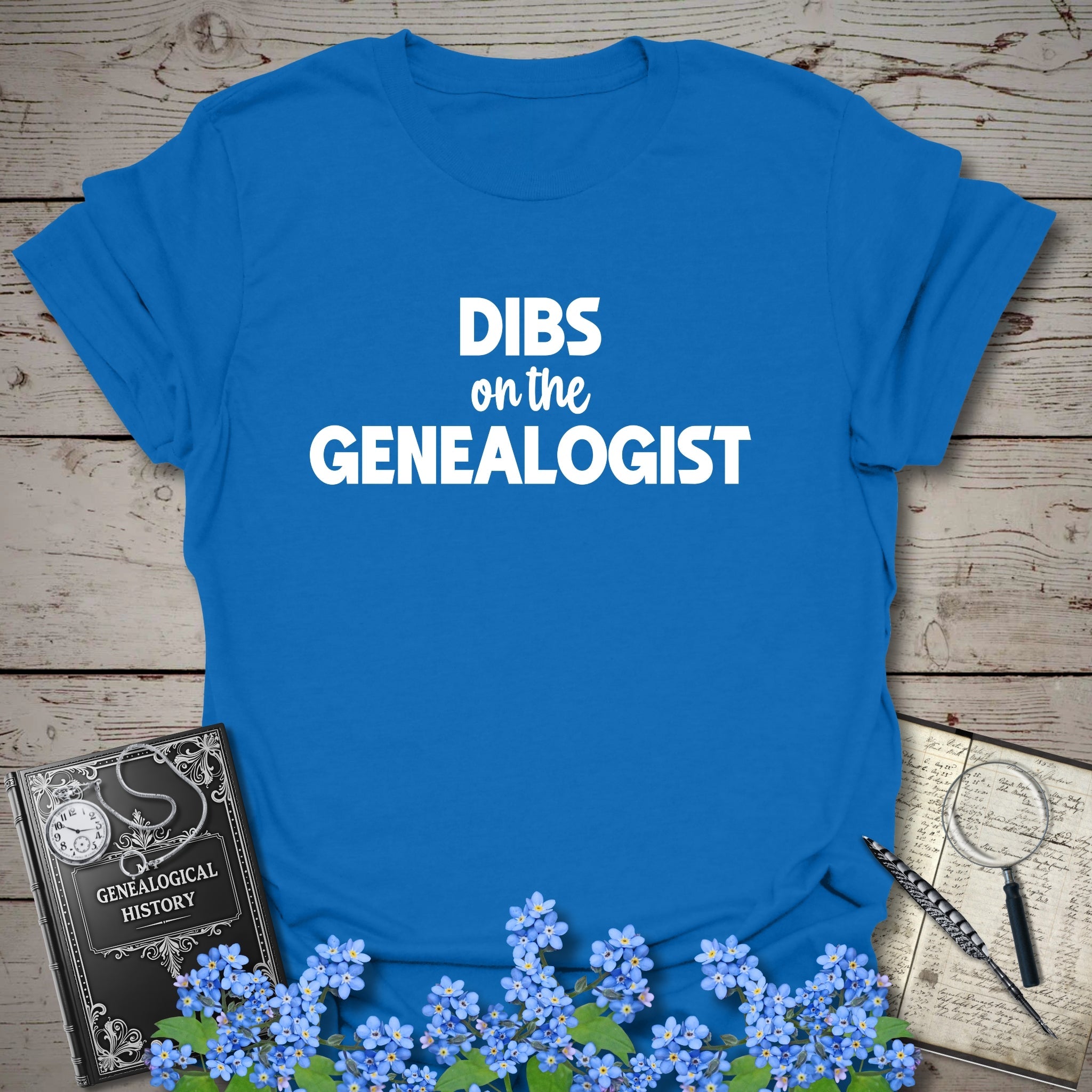 Dibs On The Genealogist T-Shirt in Royal by Genealogy Keepsakes