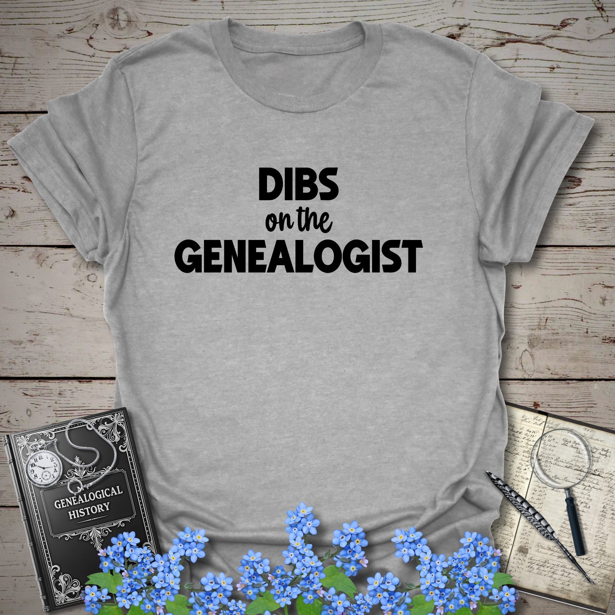 Dibs On The Genealogist T-Shirt in Sport Grey by Genealogy Keepsakes