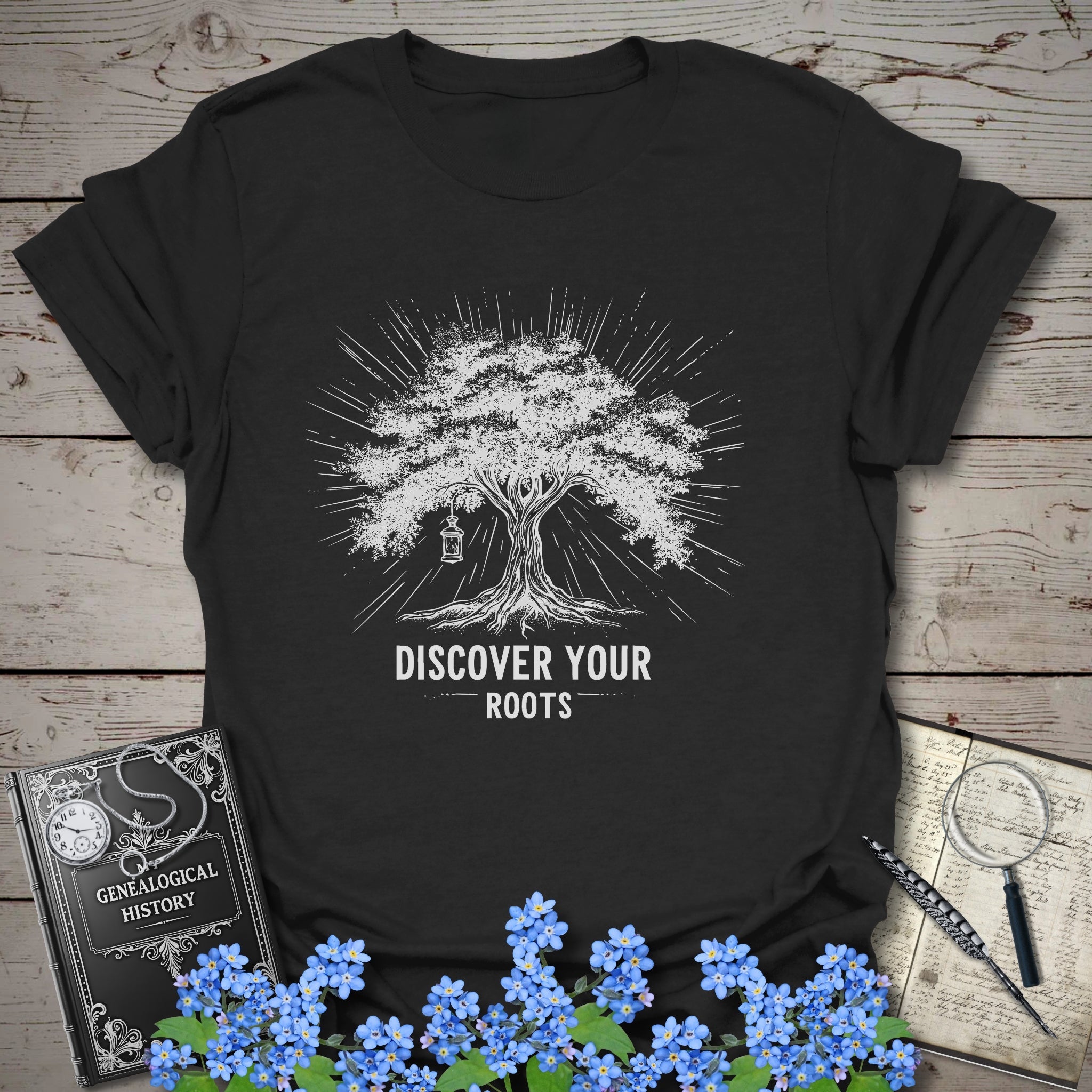 Discover Your Roots T-Shirt in Black by Genealogy Keepsakes