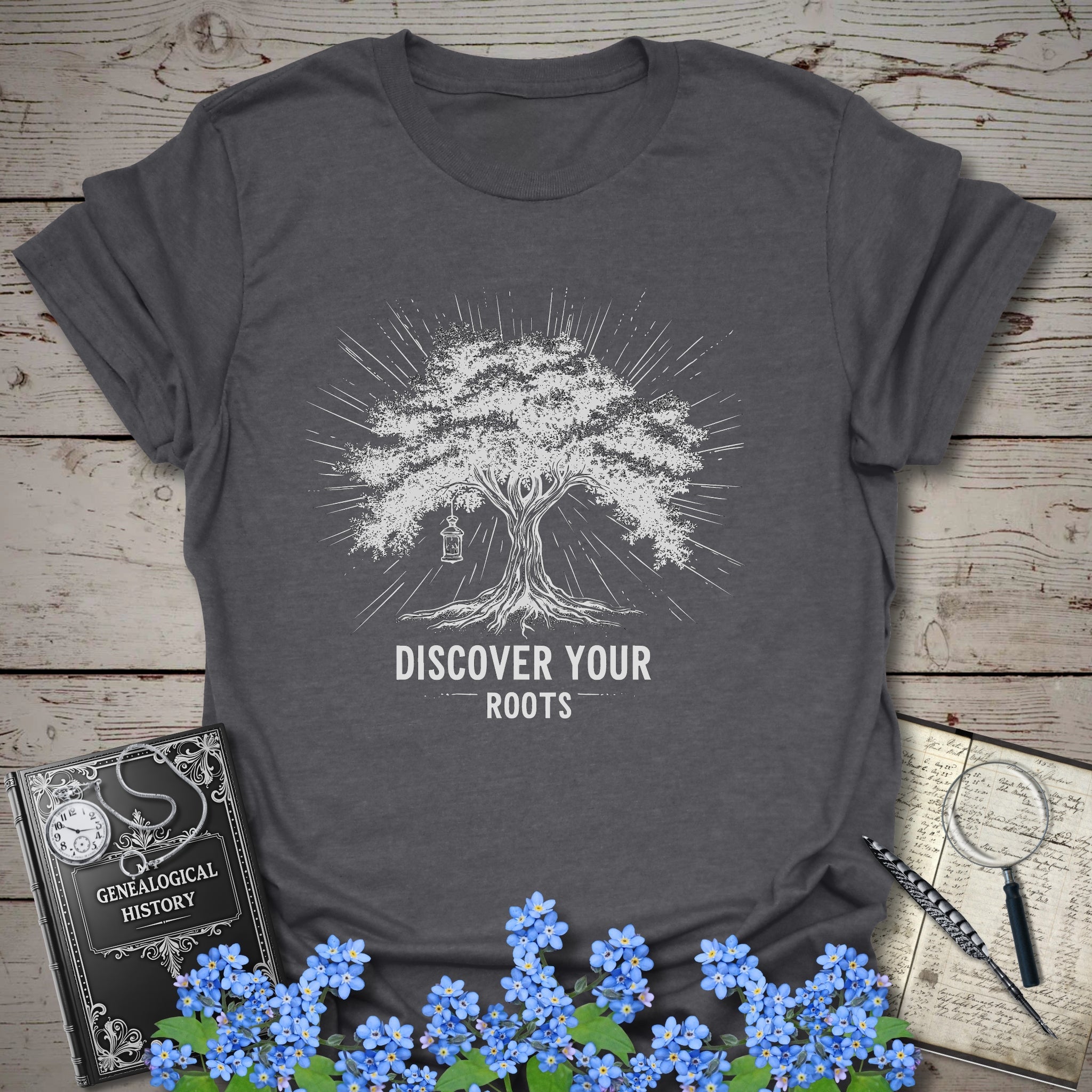 Discover Your Roots T-Shirt in Dark Heather Grey by Genealogy Keepsakes
