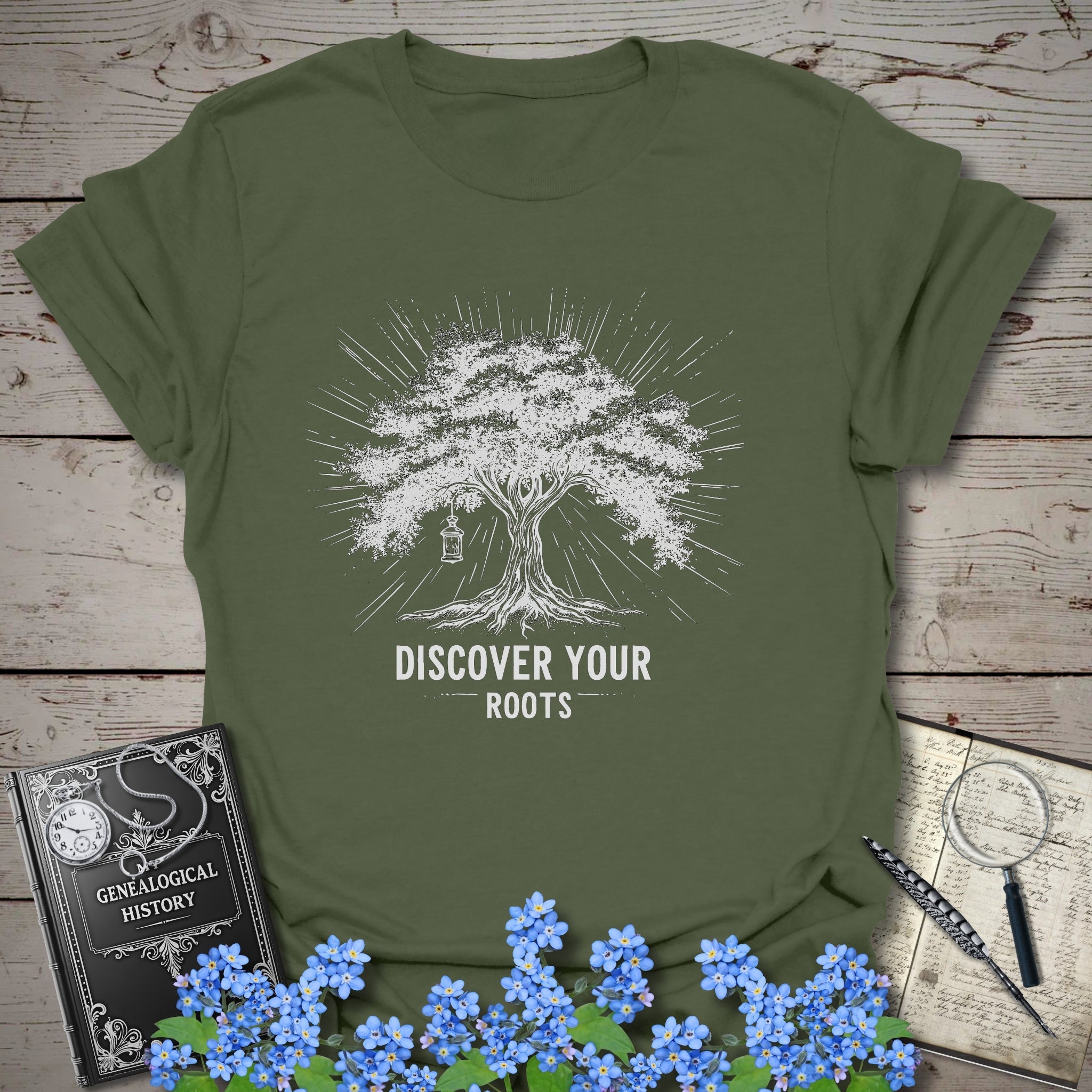 Discover Your Roots T-Shirt in Military Green by Genealogy Keepsakes